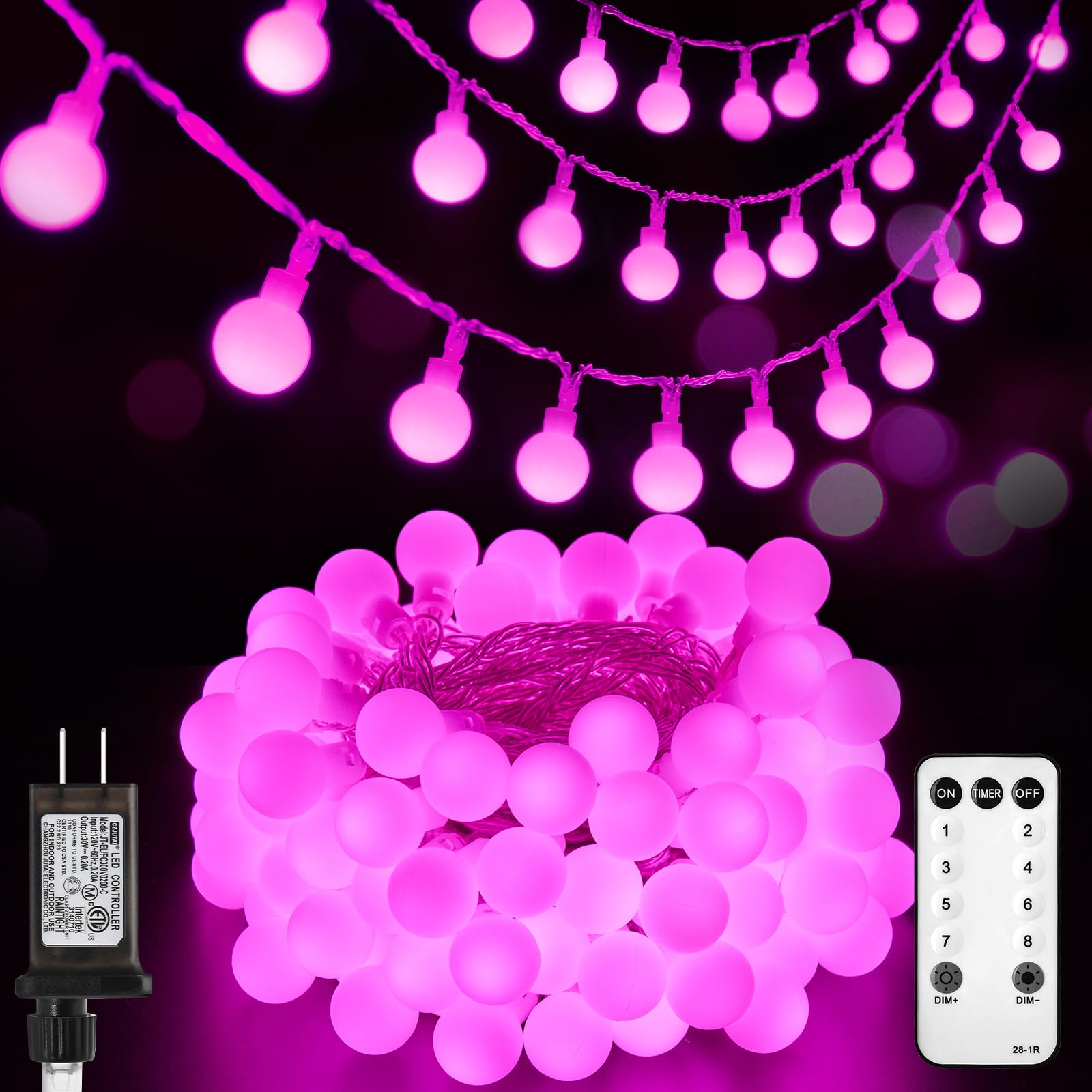 Photo 1 of **FOR PARTS ONLY/ MISSING REMOTE & POWER SUPPLY*** Minetom Globe String Lights, 33 Feet 100 Led Fairy Lights Plug in, 8 Modes with Remote Mini Globe Lights for Indoor Outdoor Bedroom Party Wedding Garden Christmas Tree Decor, Pink