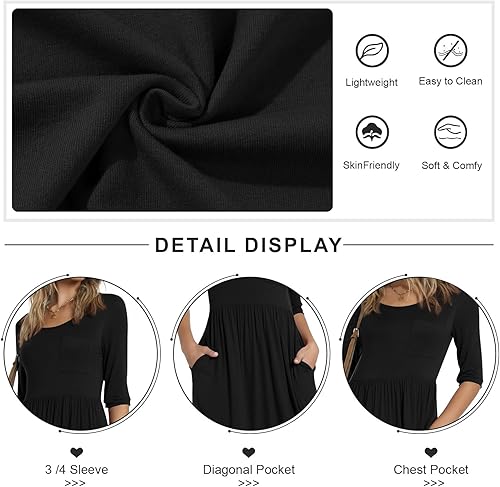 Miniatura 5 de CATHY - Vestido casual 2022 de manga 34 para mujer, es informal, con bolsillos, cintura alta, cuello redondo y de longitud media