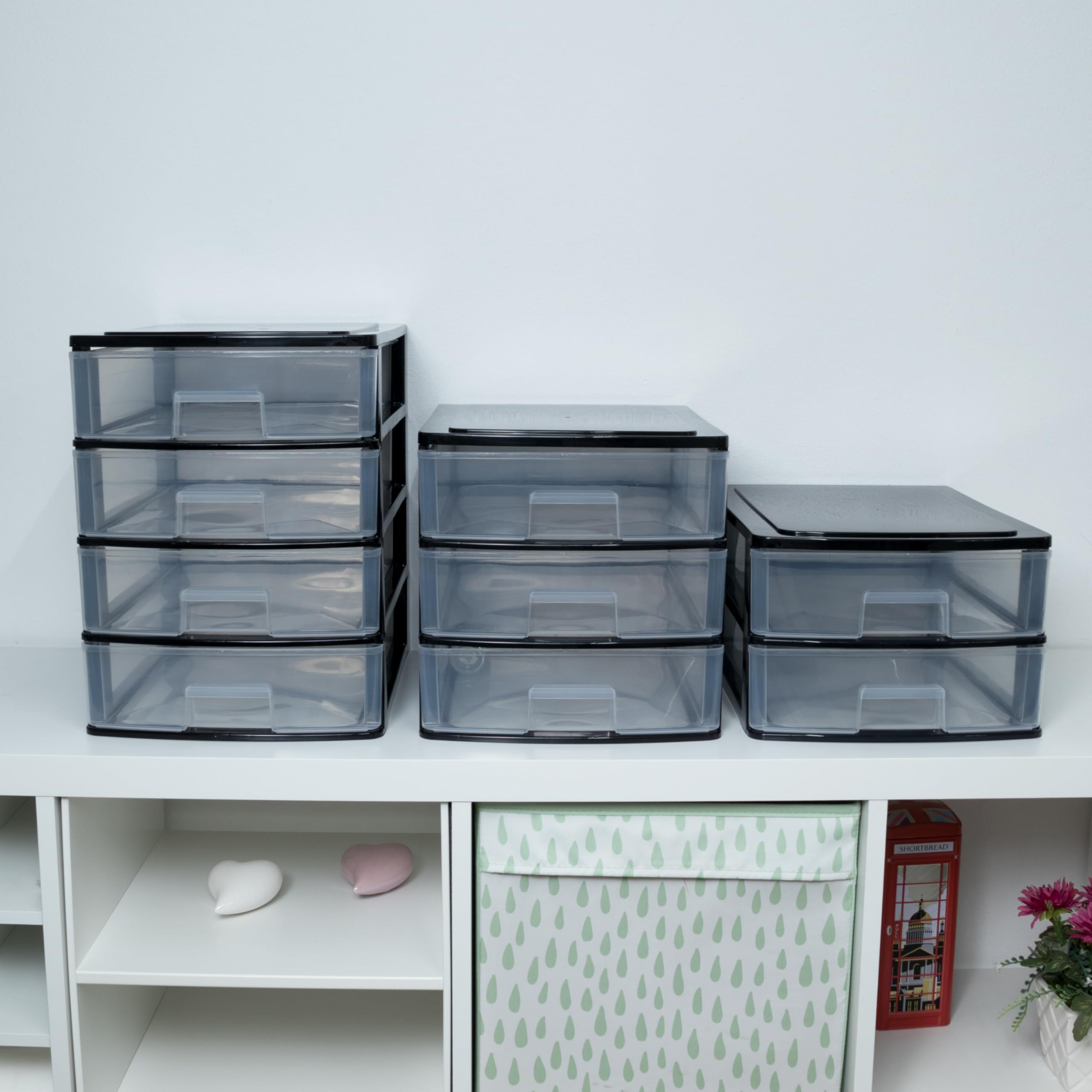 Schubladenbox DIN A4 mit 4 Schubladen 35,5x26,5x35 cm - schwarz-transparent Kunststoff Drawer Tower Box Organizer für Schreibtisch Easy-Pull-System