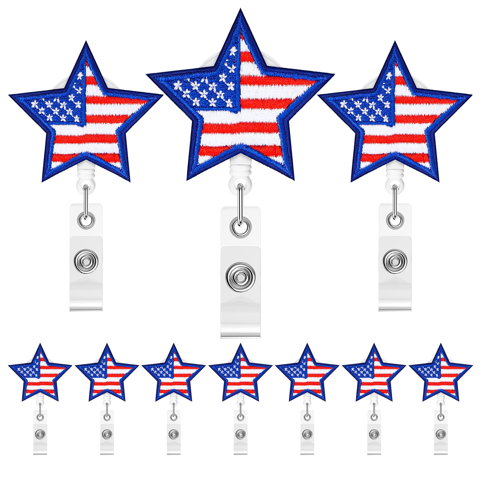 10 Pack Veterans Day Gifts American Flag Badge Reel Retractable Star Felt USA Flag Name ID Badge Reel Accessories with 360 Degree Swivel Alligator