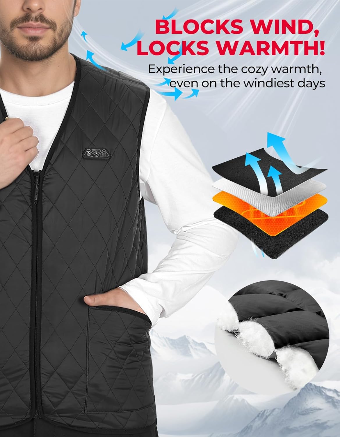 KEMIMOTO Mens Heated Vest, Heated Quilted Jackets for Men, V-Neck Zipper Vest(Batteries Not Included) - Image 5