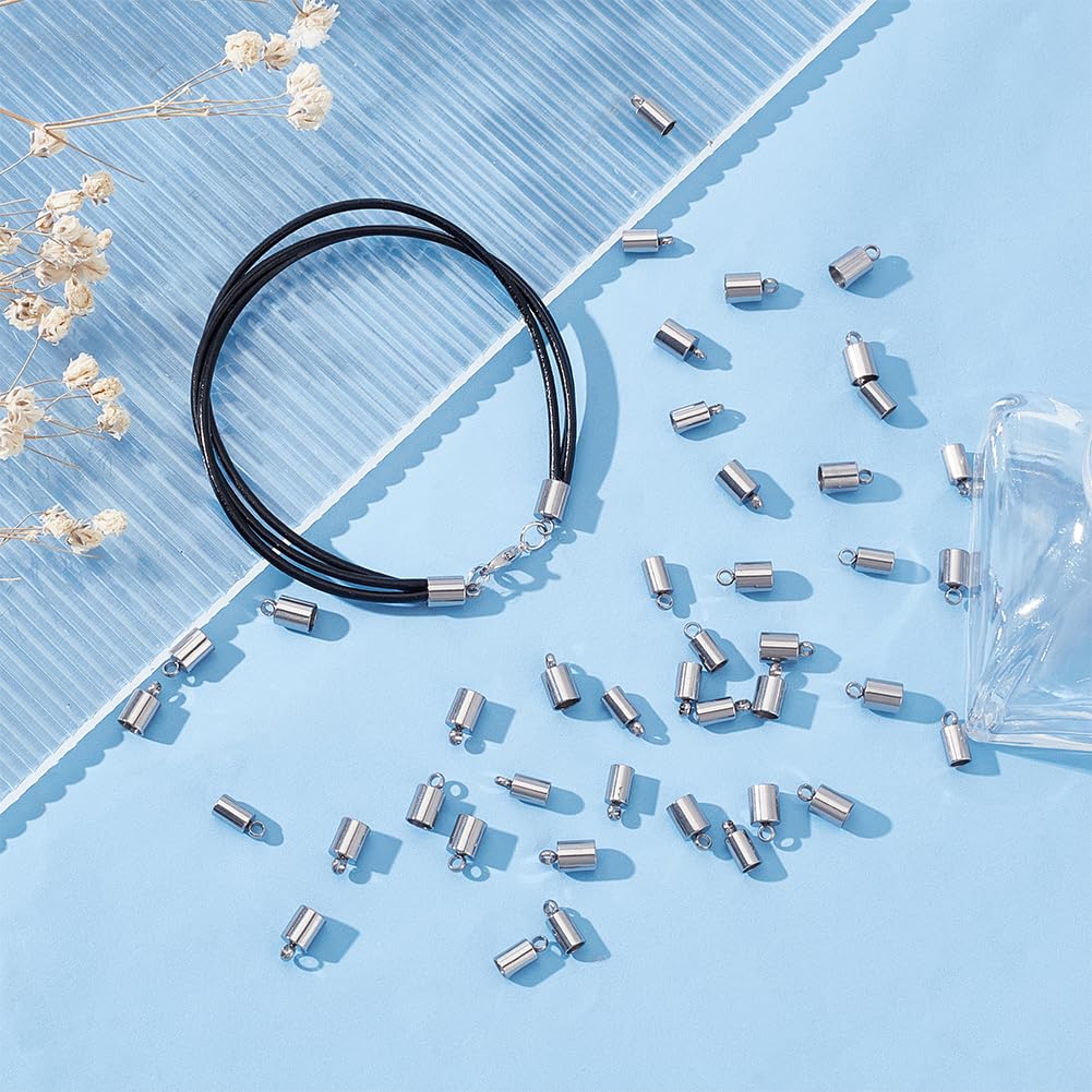UNICRAFTALE 100 pz 2 Dimensioni 3/4mm Estremità del Cavo del Barilotto 304 Tappi Terminali in Acciaio Inossidabile Estremità del Cavo in Pelle Terminatori Punta Terminale Perline