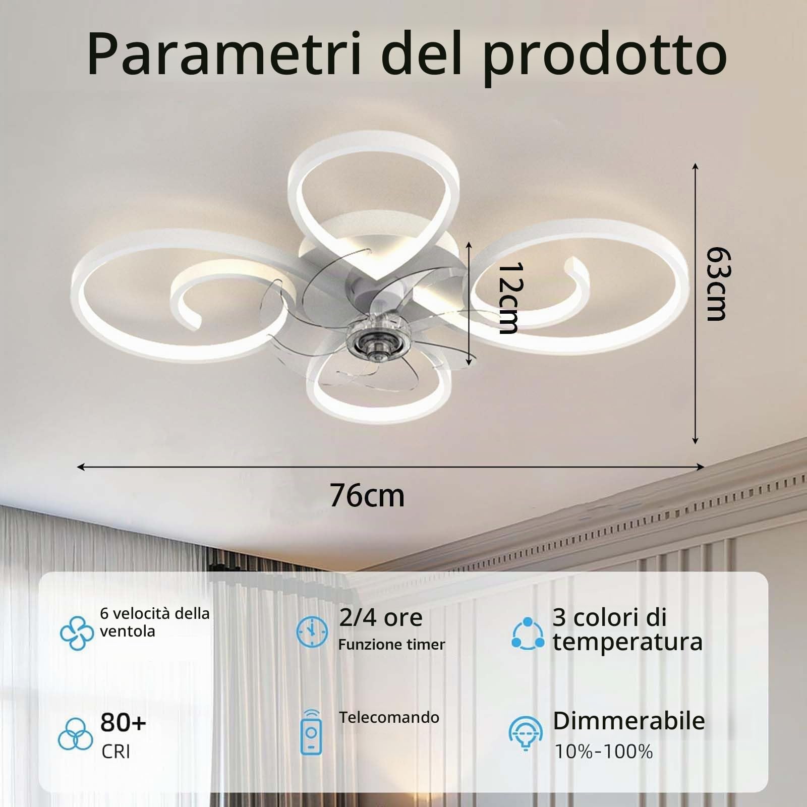 Ventilatore da Soffitto con Luce Telecomando Silenzioso Lampadario con Ventilatore Funzione Memoria Dimmerabile 6 Velocità Reversibile Ventilatore Soffitto Con Luce Adatto Pranzo，Bianco