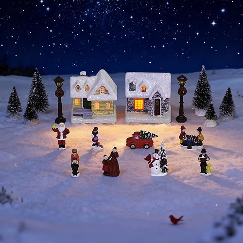 Miniatura 3 de Juegos de pueblo navideño  18 piezas de resina pintadas a mano, casas de aldea de Navidad con luces LED, decoraciones de Navidad para repisas,