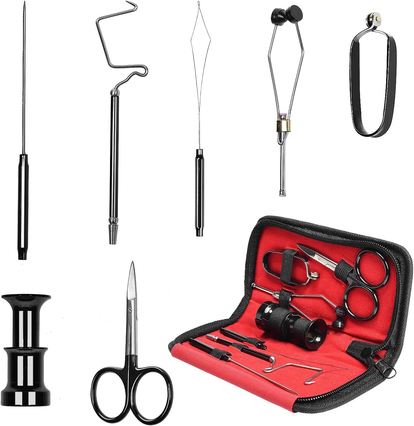 SF Fly Fishing Tying Tools Kit Gear Assortment Bullet Bobbin Threader Scissors Rotary Whip Finisher Bodkin Hackle Pliers Hair Stacker