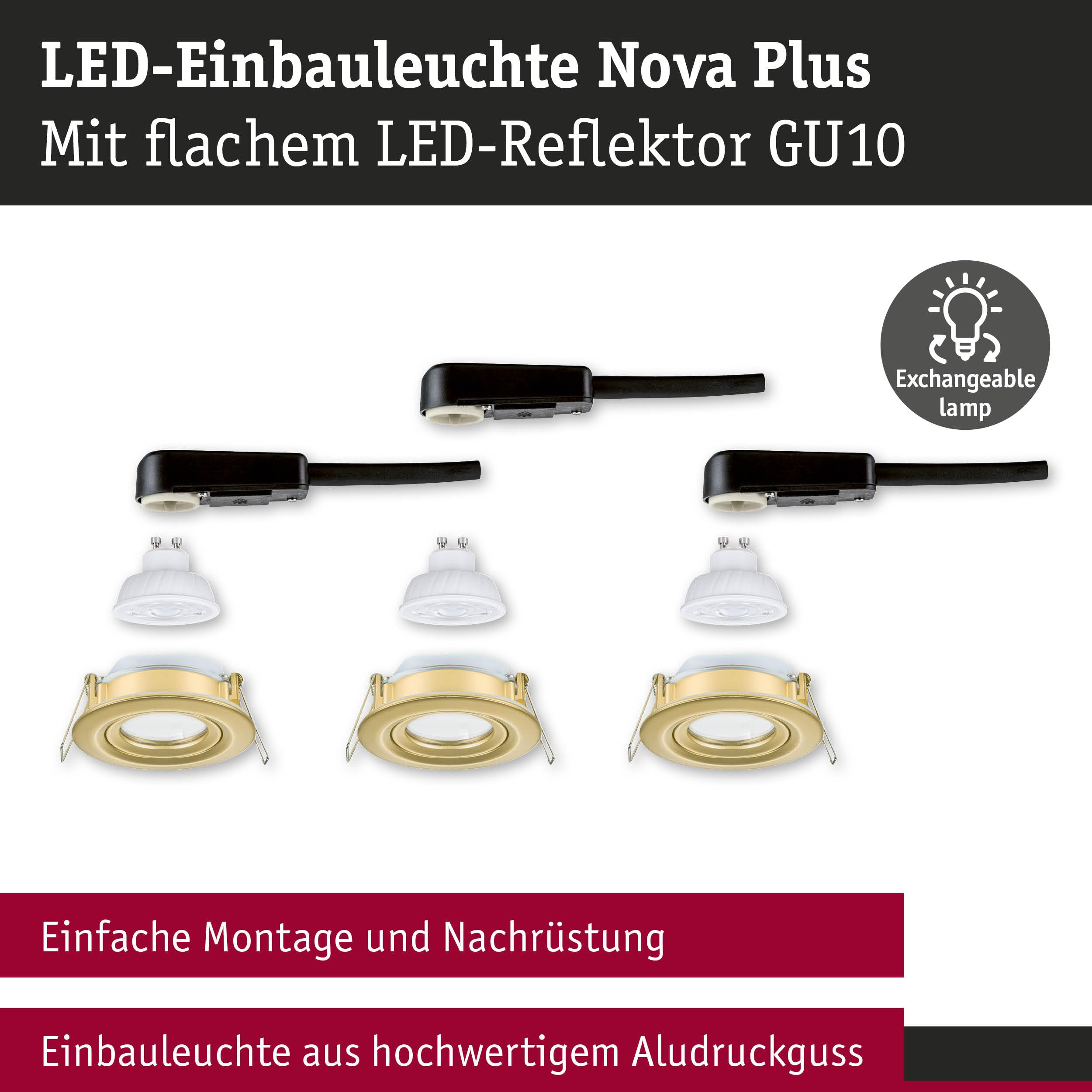 Paulmann LED Einbauleuchte Nova Plus GU10 Flat IP65 93 mm 3x4,9W 3x550lm 230V dimmbar 2700K Gold matt 92419