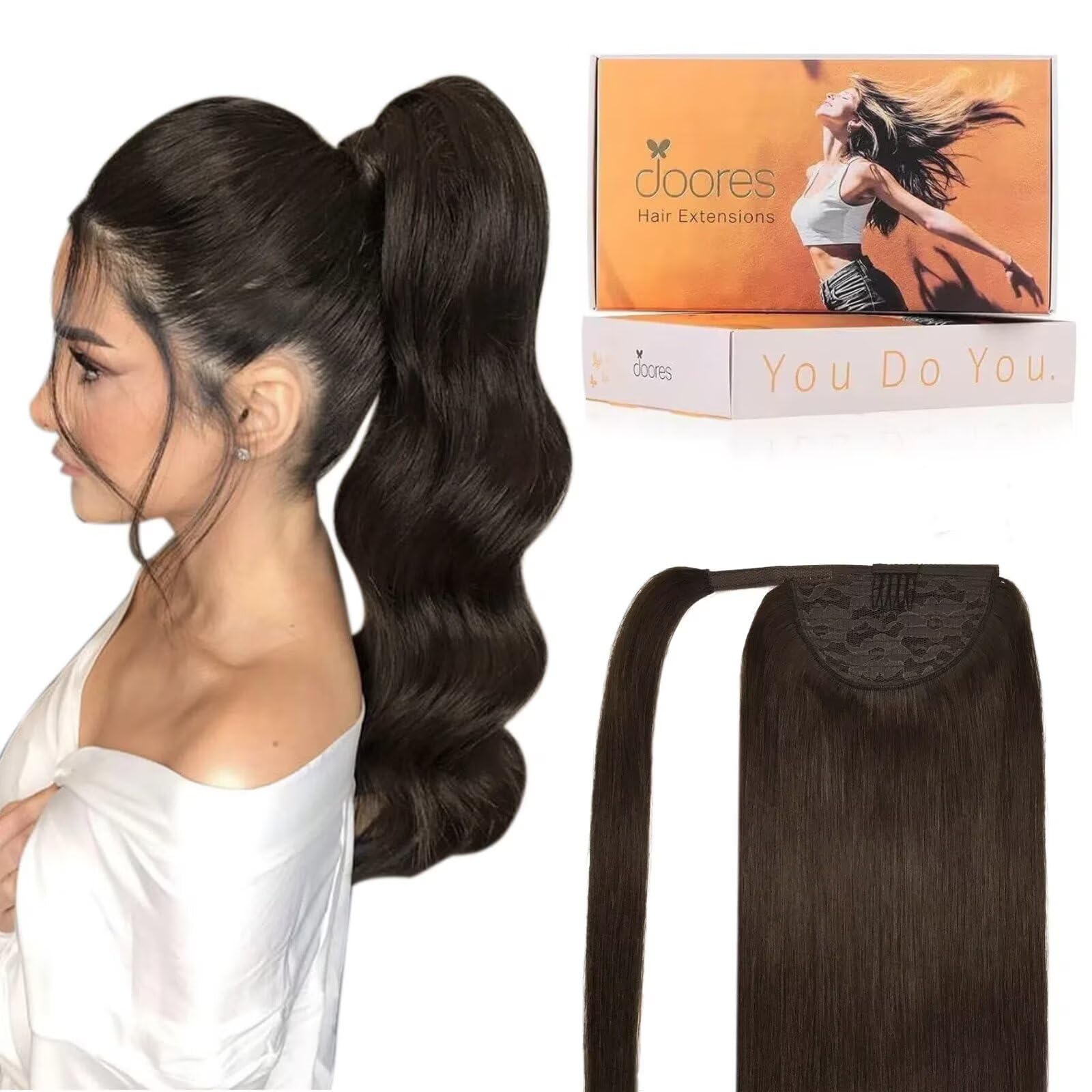 DOORES Human Hair Extensions Ponytail Extensions Dark Brown 18 Inch 80g Hair Extensions Clip in Human Hair Real Hair Ponytail Extensions Straight Wrap