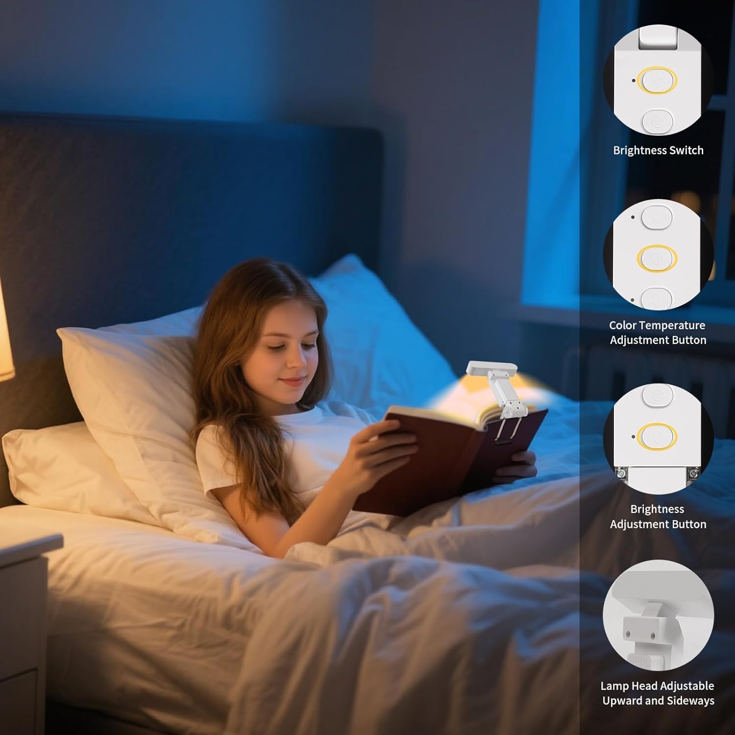 Book Light,USB Rechargeable Clip-On Reading Light,30 Adjustable Modes,Eye-Caring with Timer,Perfect for Book Lovers/Travel (White, Rectangle)