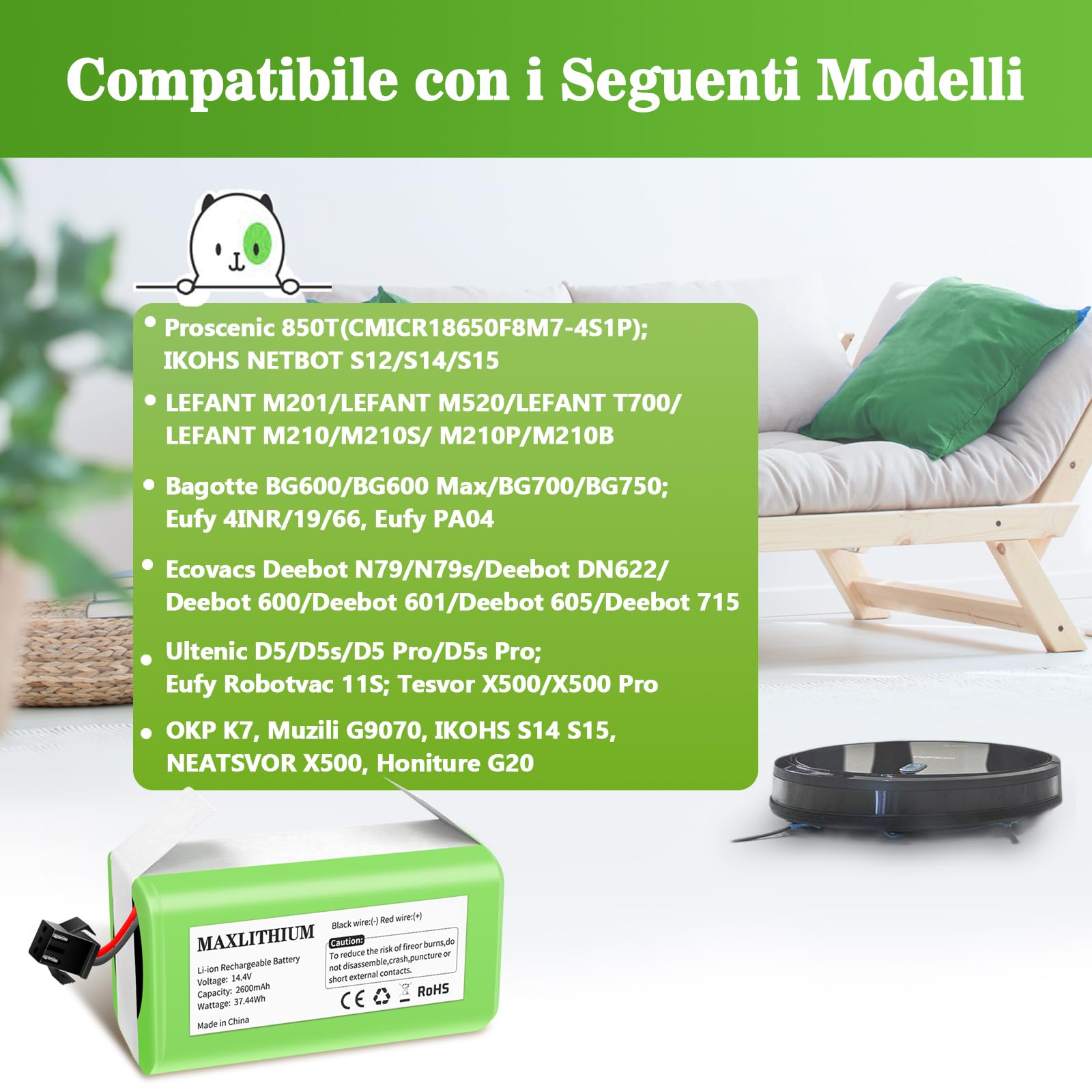 14.4V 2600mAh Li-ion Batteria di Ricambio per IKOHS Netbot S14 S15, Lefant T700, Proscenic 850T, Deebot N79S N79, Eufy RoboVac 11 11S 12 15C 15C Max 15T 30 30C 35C, Conga Excellence 990 950 1090