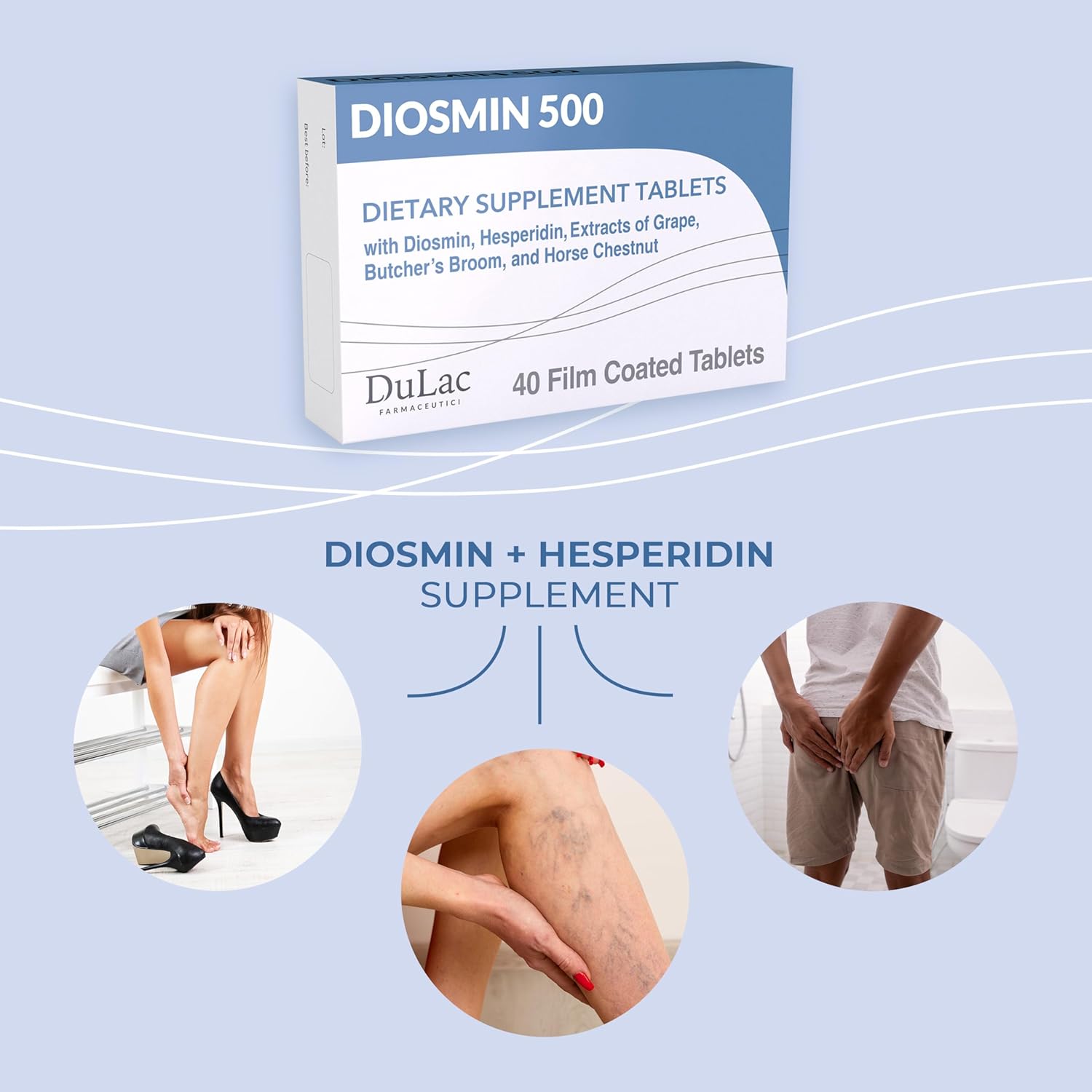 Dulac Diosmin 500, Micronized Diosmin Hesperidin Dietary Supplement 1000mg per serving, Horse Chestnut Extract, Butcher’s Broom & Red Grape Extract, Leg Circulation Support, 40 Tablets, Made in Italy