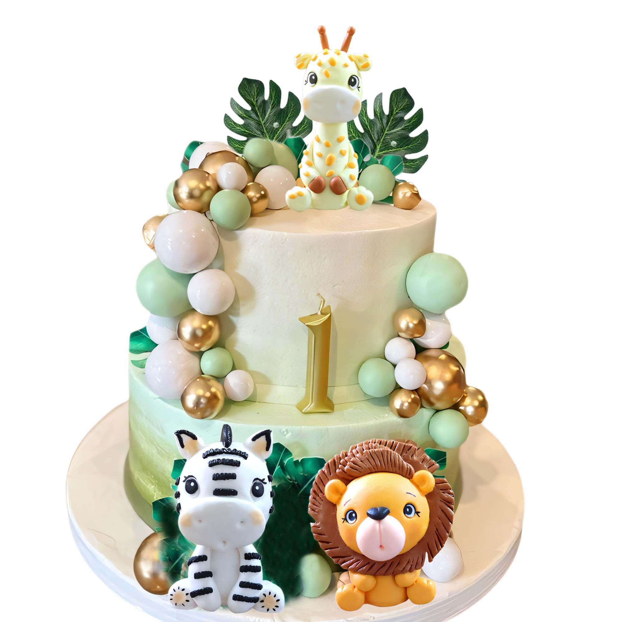 Qoadwem 30pcs Safari Jungle Animal Cake Toppers With Lion, Giraffe, Elephant, Leaves and Balloons for Baby Shower Party Supplies