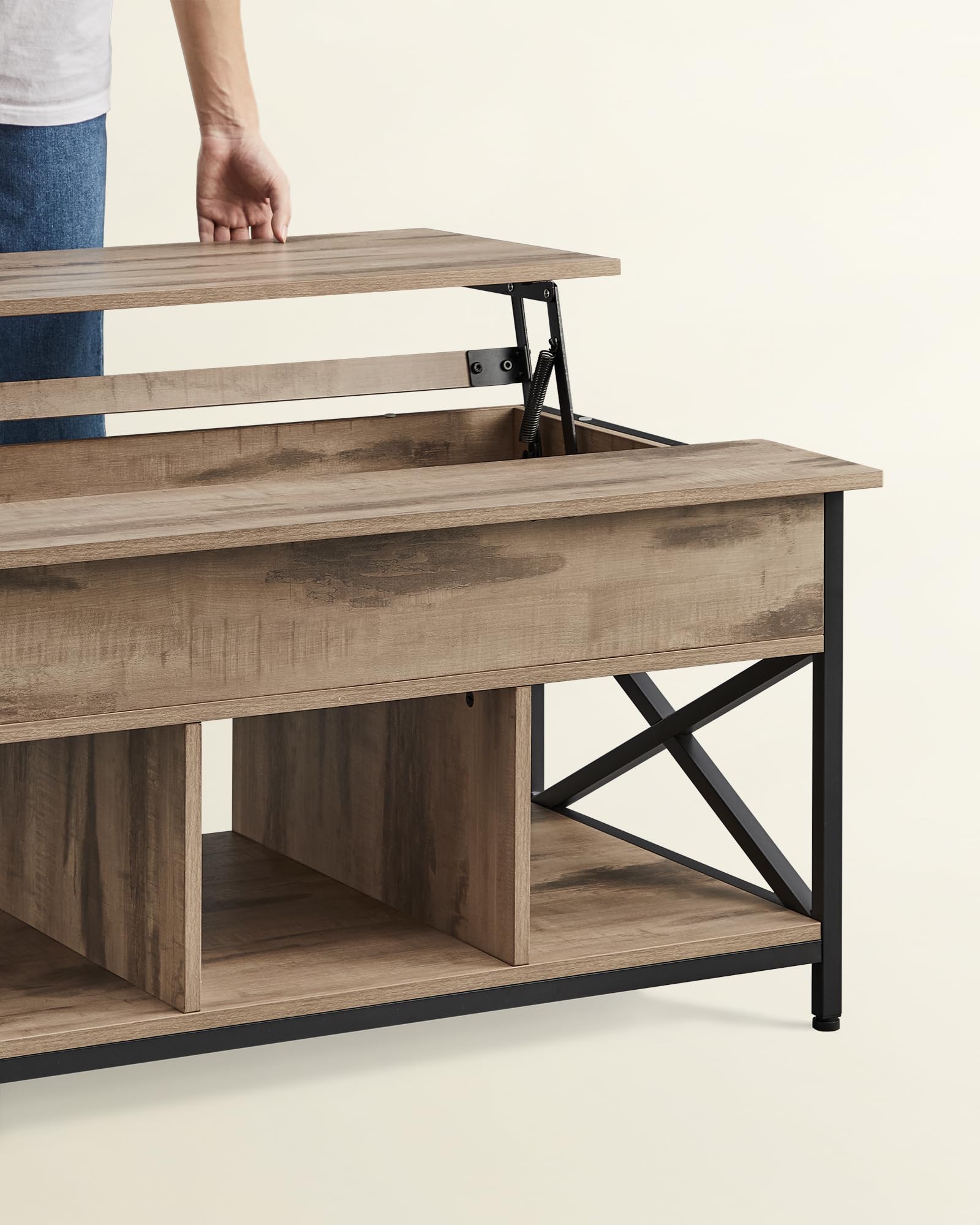 VASAGLE Couchtisch, höhenverstellbarer Wohnzimmertisch, Kaffeetisch, offener und versteckter Stauraum, X-Streben, 60 x 100 x (48-62) cm, Kamelbraun-schwarz LCT205K50