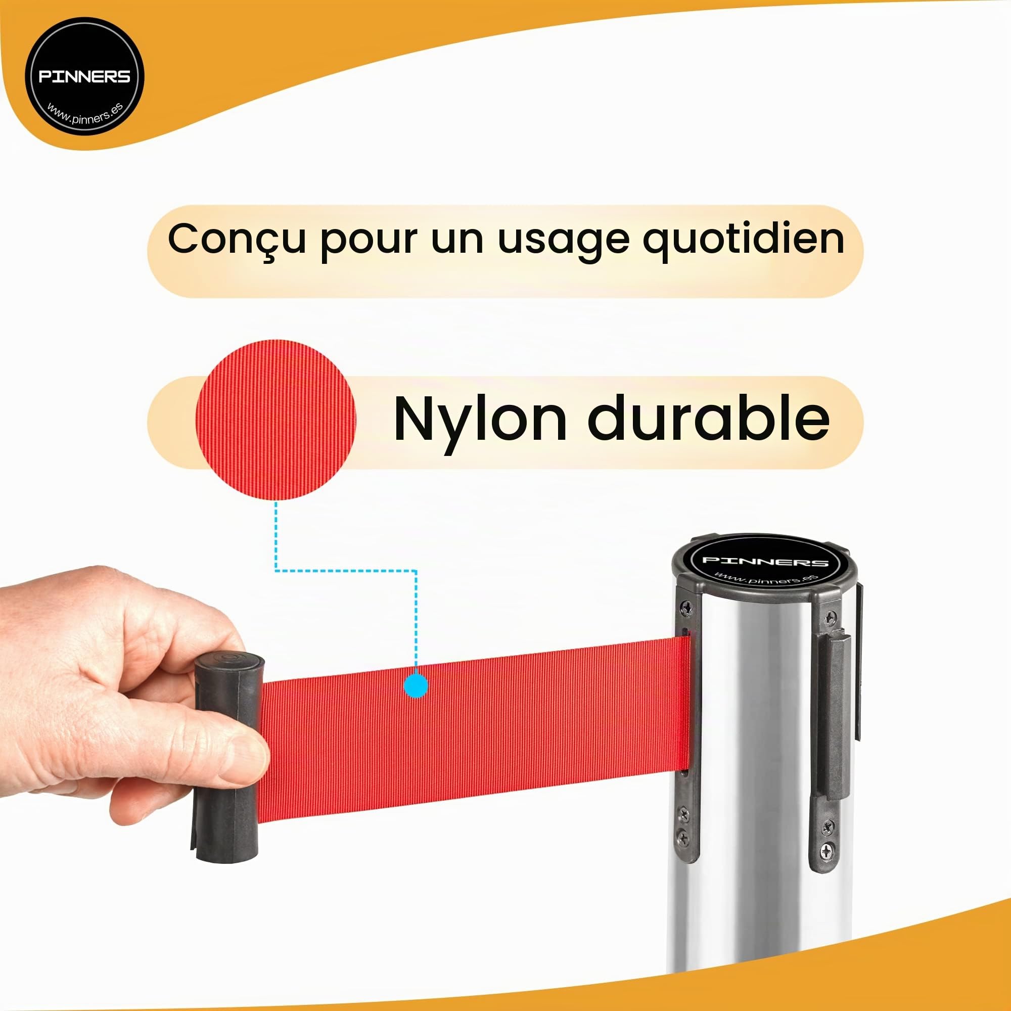 Poteau séparateur ruban extensible 3 mètres, 2 poteaux de guidage, poteau de separation, poteau ruban extensible rétractable, ruban interdit, barrière extensible 3 mètres
