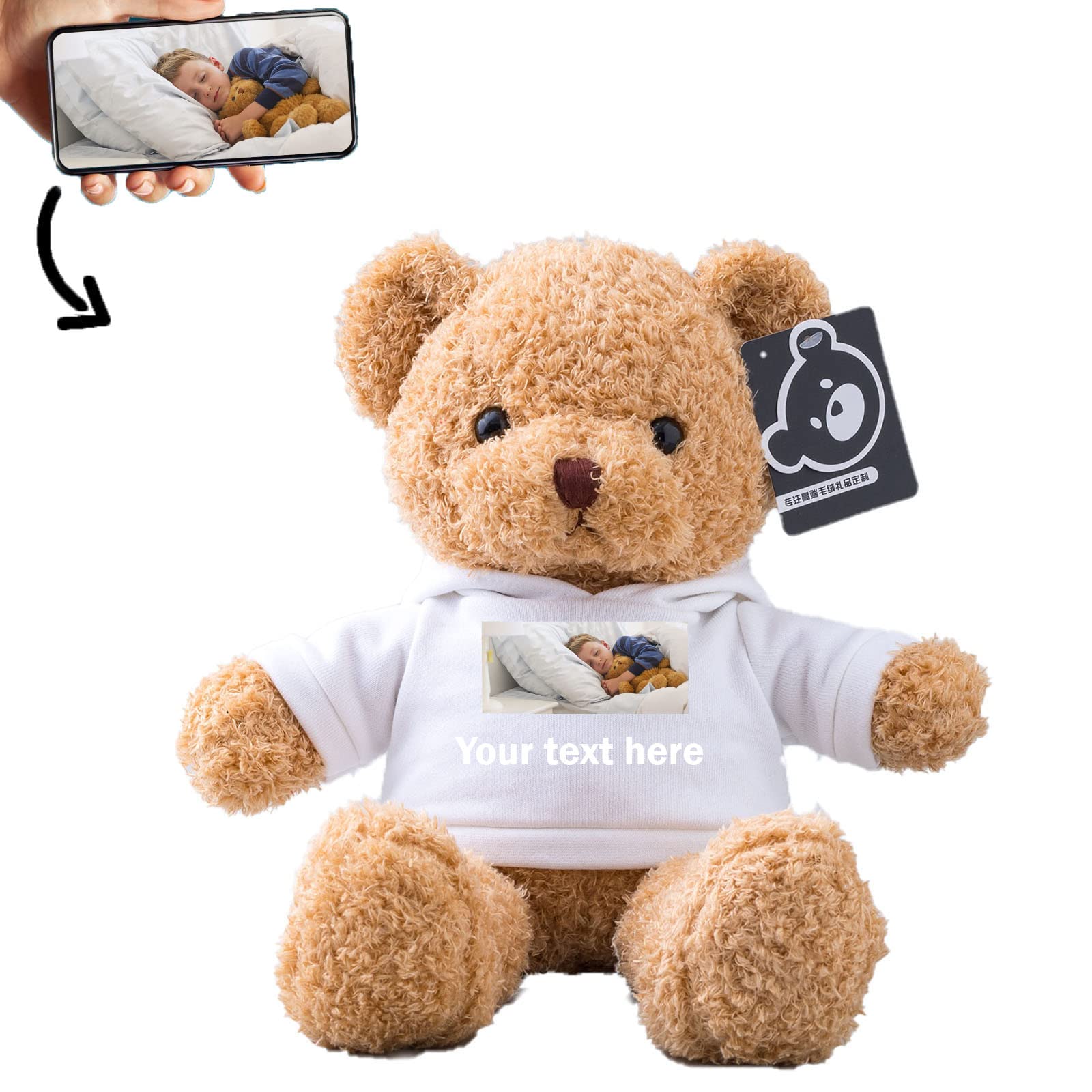 ADORSUN Personalised Teddy Bear Stuffed Animal with Photo+ Custom Text, Stuffed Bear as Personalised Gift for Women/Men on Valentines' Day/Birthday/Anniversary/Christmas(12inch-Hoodie-White — image 1