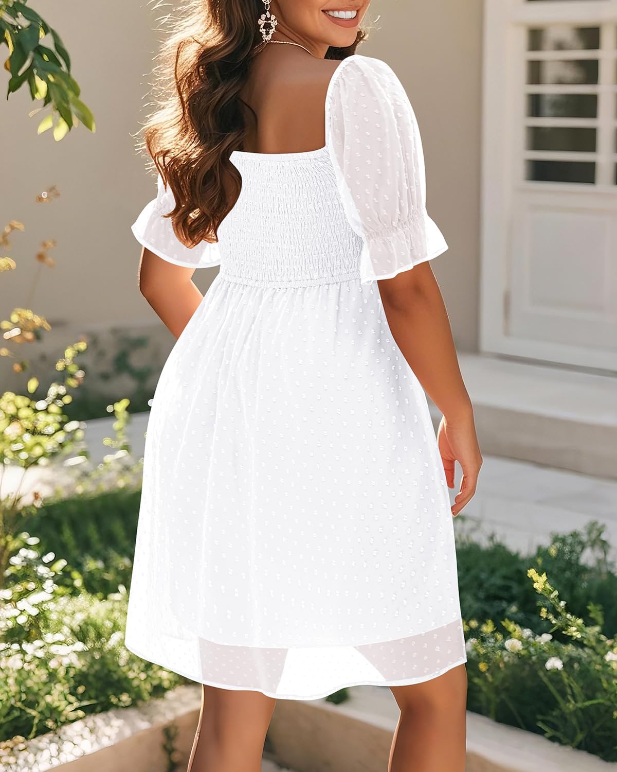 Women's Puff Sleeve Square Neck Mini Summer Sundress Chiffon Swiss Dot Flowy Smocked Dress