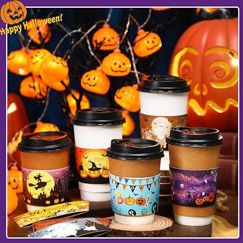 Miniatura 5 de NOVWANG 54 fundas para tazas de café de Halloween, divertidas fundas desechables de papel para tazas de 12 y 16 onzas, bebidas calientes de