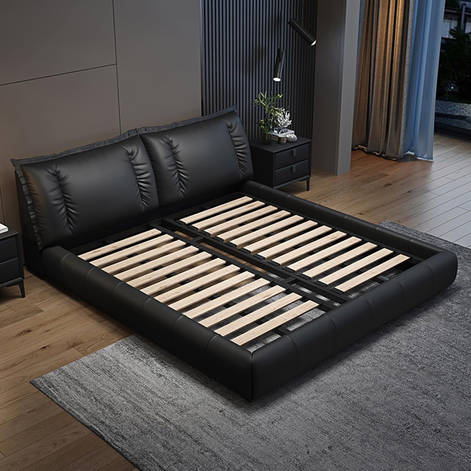Black Modern Leather Queen Size Platform Bed Wooden Slats Support with 2-Tier Headboard Noise-Free