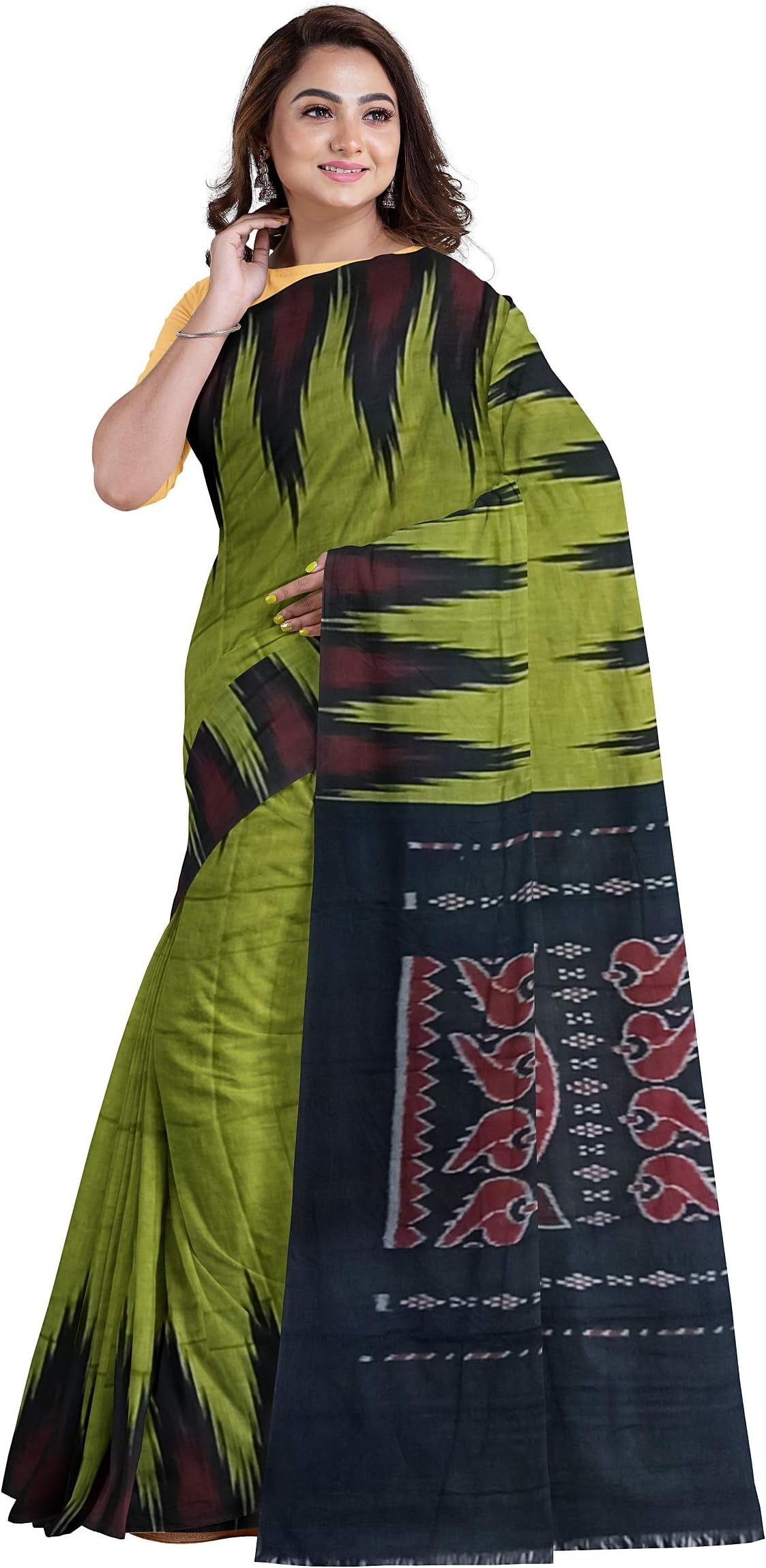 FLOWRINA Odisha Sambalpuri Handloom Ikat Women's Cotton Saree, Odisha Handloom Handmade Pure Cotton Khandua Saree, Ikkat Orissa Traditional Handloom Saree Without Blouse