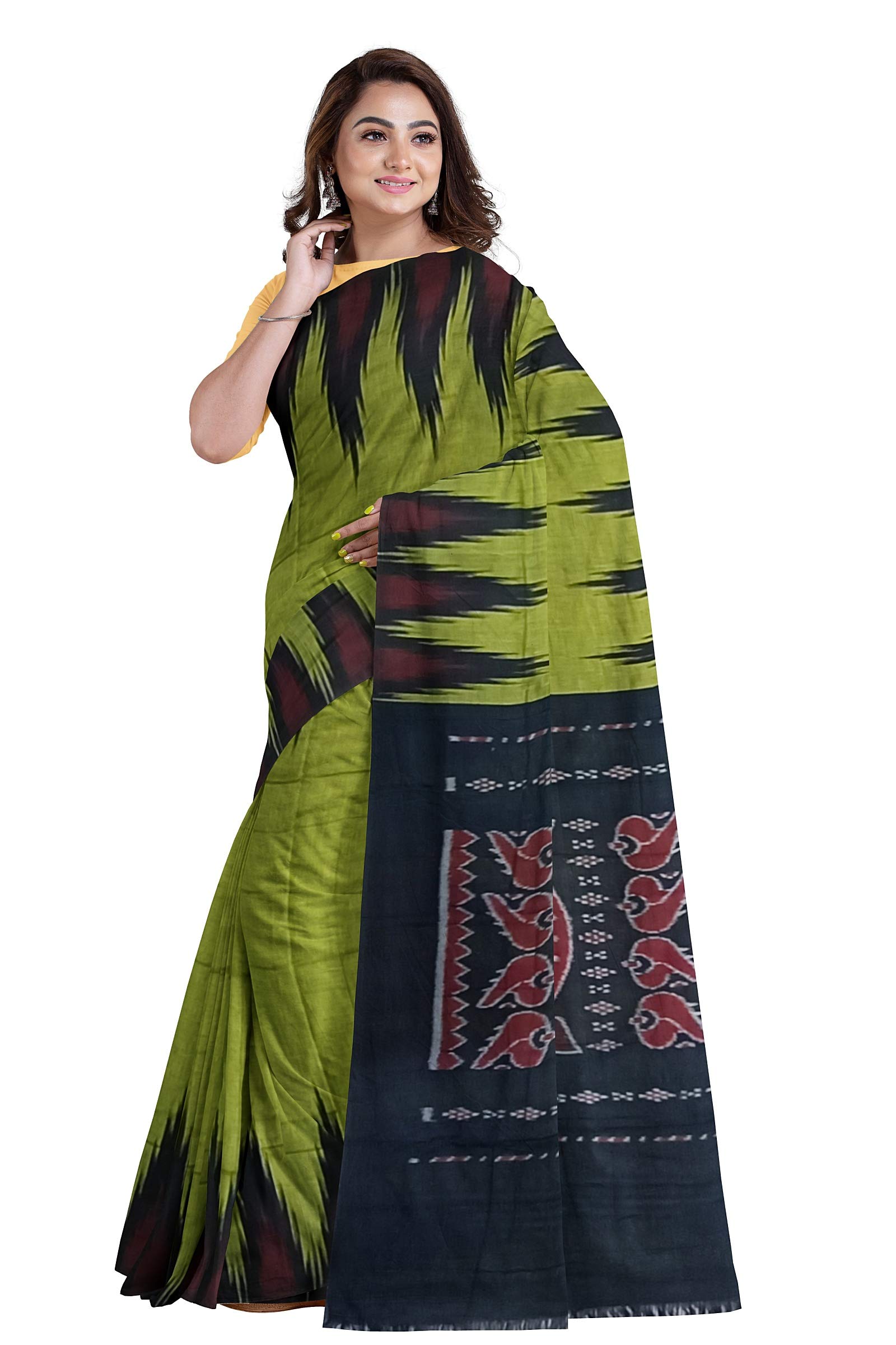 FLOWRINA Odisha Sambalpuri Handloom Ikat Women's Cotton Saree, Odisha Handloom Handmade Pure Cotton Khandua Saree, Ikkat Orissa Traditional Handloom Saree Without Blouse