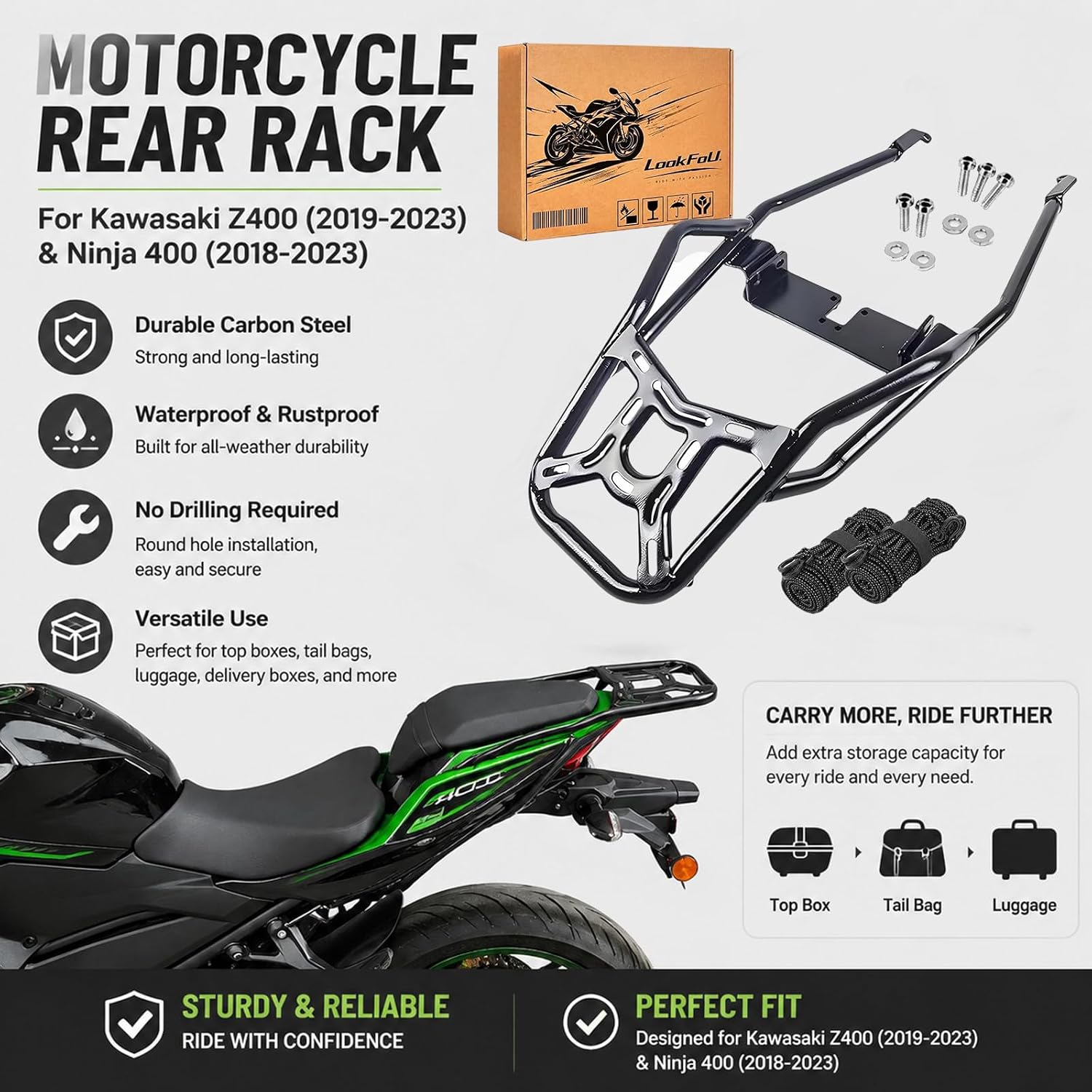 Heavy Duty Motorcycle Luggage Rack Compatible with Kawasaki Ninja 400 Z400 | 2018-2023 Top Case Holder Tail Bag Bracket Cargo Carrier 55lbs Capacity, Urban Daily Travel Touring Camping Trip Use, Steel