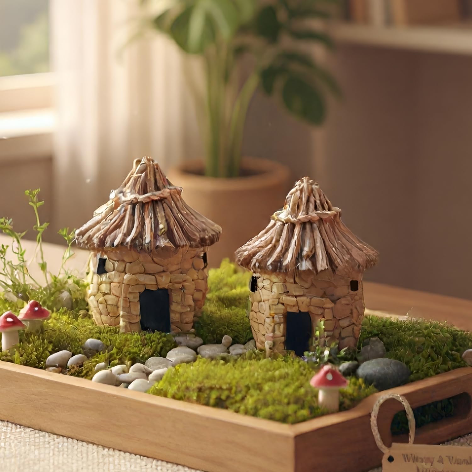 Ascension Pack of 2 Miniature Toy Huts/Houses/Cottages for Dollhouse Decor Fairy Garden House Cute Miniatures Garden Decoration Gifts for Kids & Gift Item