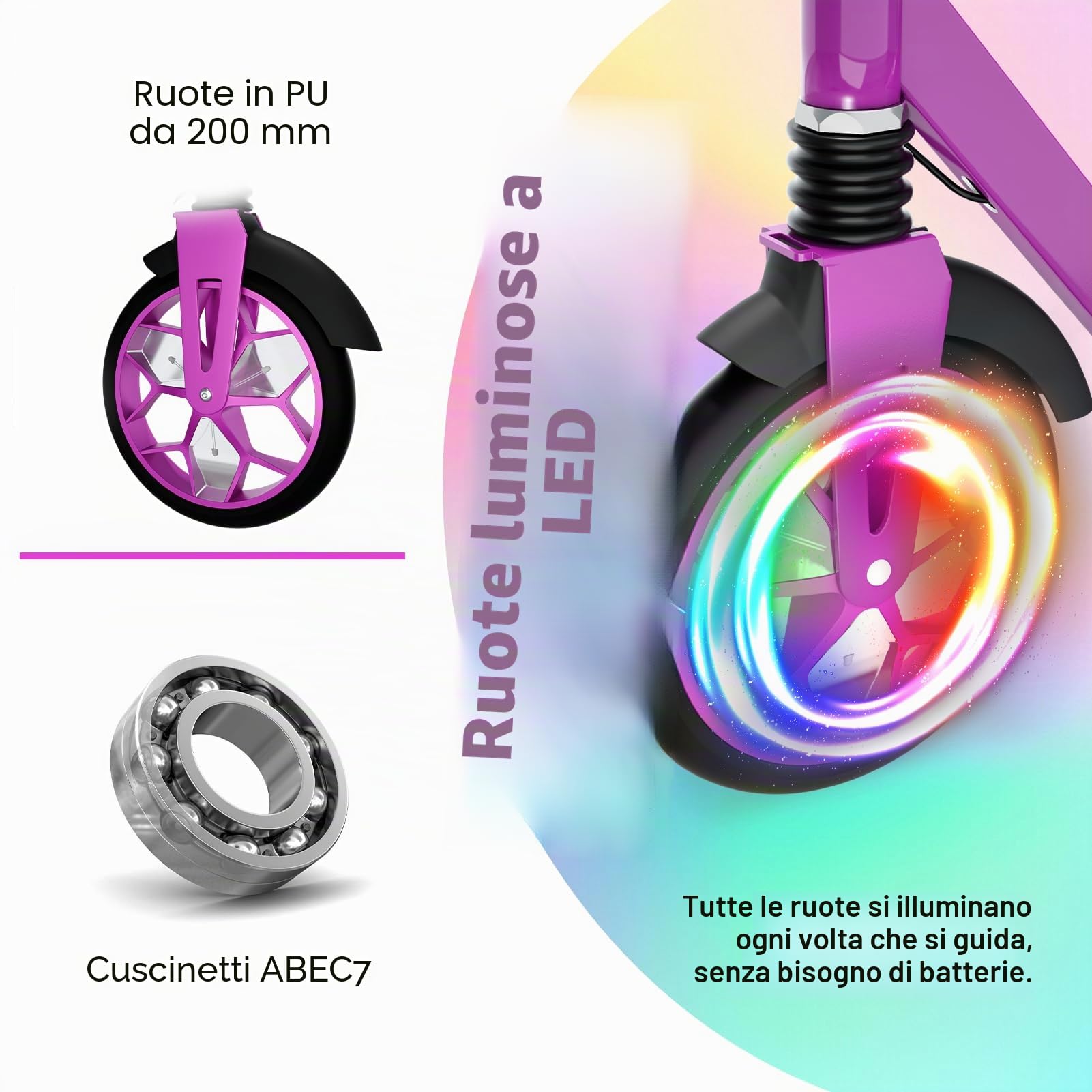 MEE GOO Monopattino pieghevole per bambini e ragazzi con assorbimento degli urti, altezza del manubrio regolabile, luce LED, doppi freni (mano + posteriore), ruote da 8", tavola antiscivolo, fino a