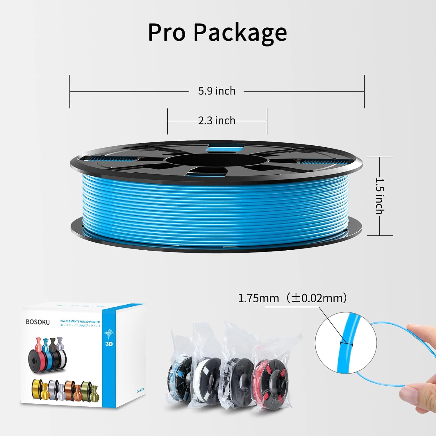 BOSOKU PLA Filament Bundle for 3D Printers, 1.75mm 250g, 4 Color Pack, Widely Compatible for FDM 3D Printer-Black, White, Gemstone Blue, Gemstone Red