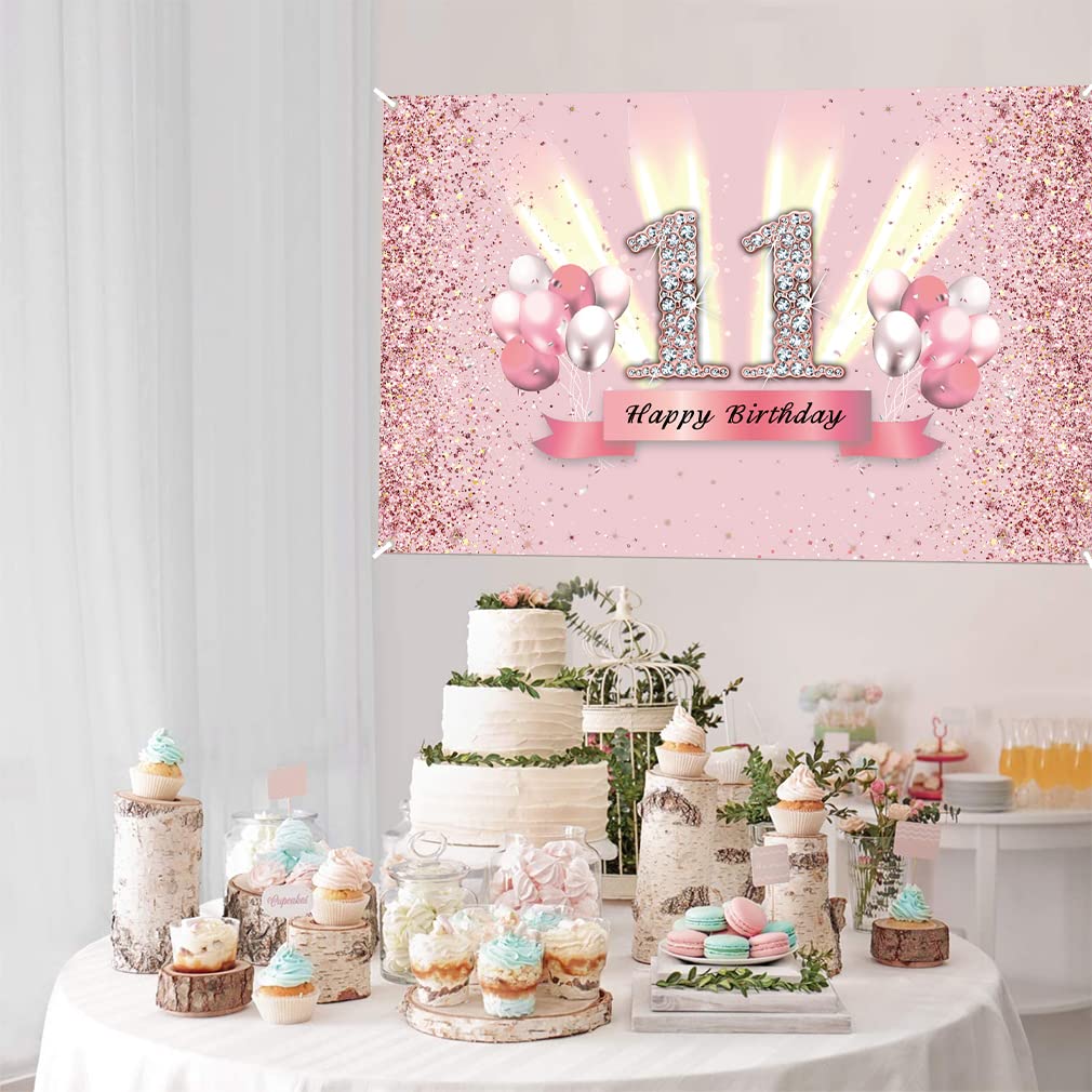 Decorazioni 11° Compleanno Oro E Rosa - Striscione 150x90 Cm Per Feste