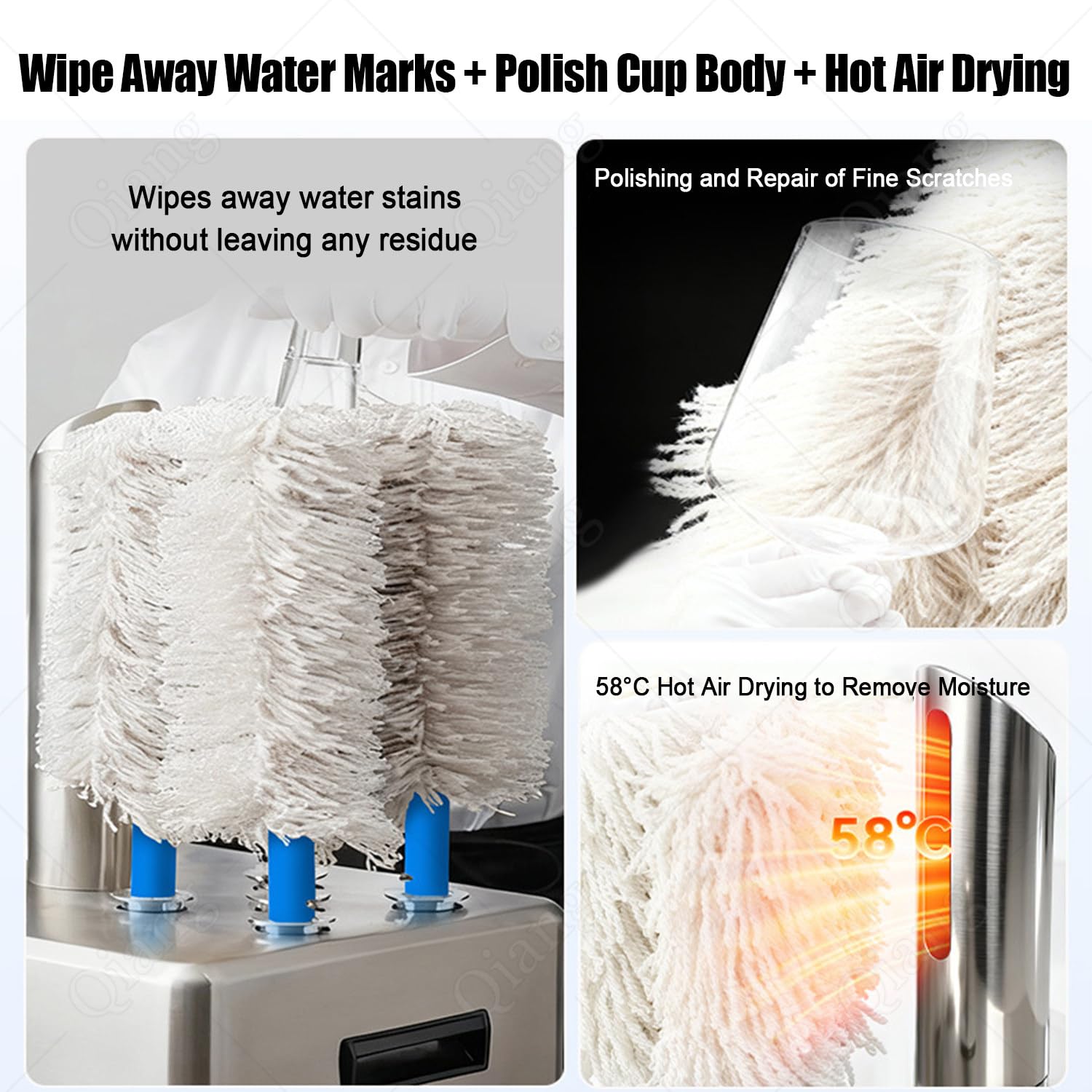 Lavavasos Eléctrico Comercial con 5 Cepillos,Pulidora de Copas en Acero Inoxidable,Limpieza Eficiente 360°, Secado Rápido,Sin Manchas ni Huellas Dactilares,Adecuado para Copas,Vasos