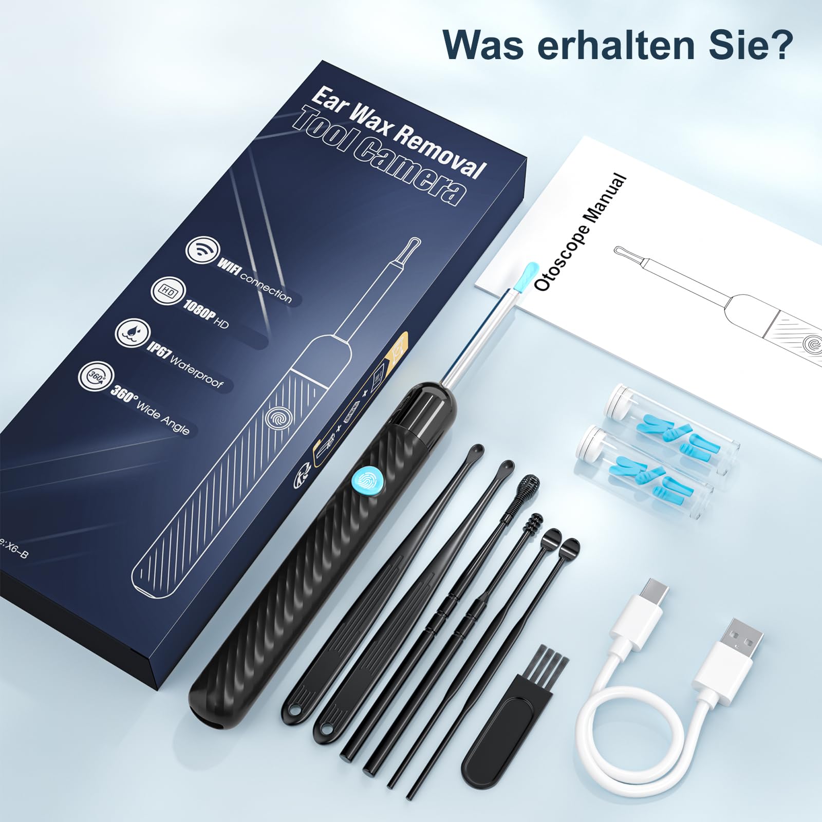 Ohrenschmalz Entferner Otoskop - 1080P HD Ohrenreiniger mit Kamera und 6 LED Lichtern - Ohrreinigungswerkzeug mit 7-teiligem Zubehörset und 11 Silikonaufsätzen - Ohrkamera für iOS & Android