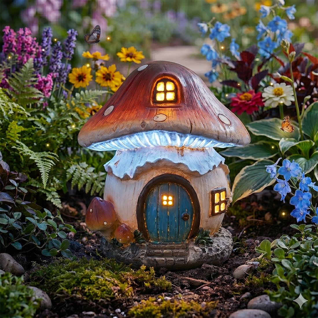 oumao Mushroom Cottage Garden Statue Outdoor, Solar Light Resin Mushroom Cottage Garden Figurines for Lawn, Balcony, Yard Decoration, Garden Ornaments Outdoors (blue)