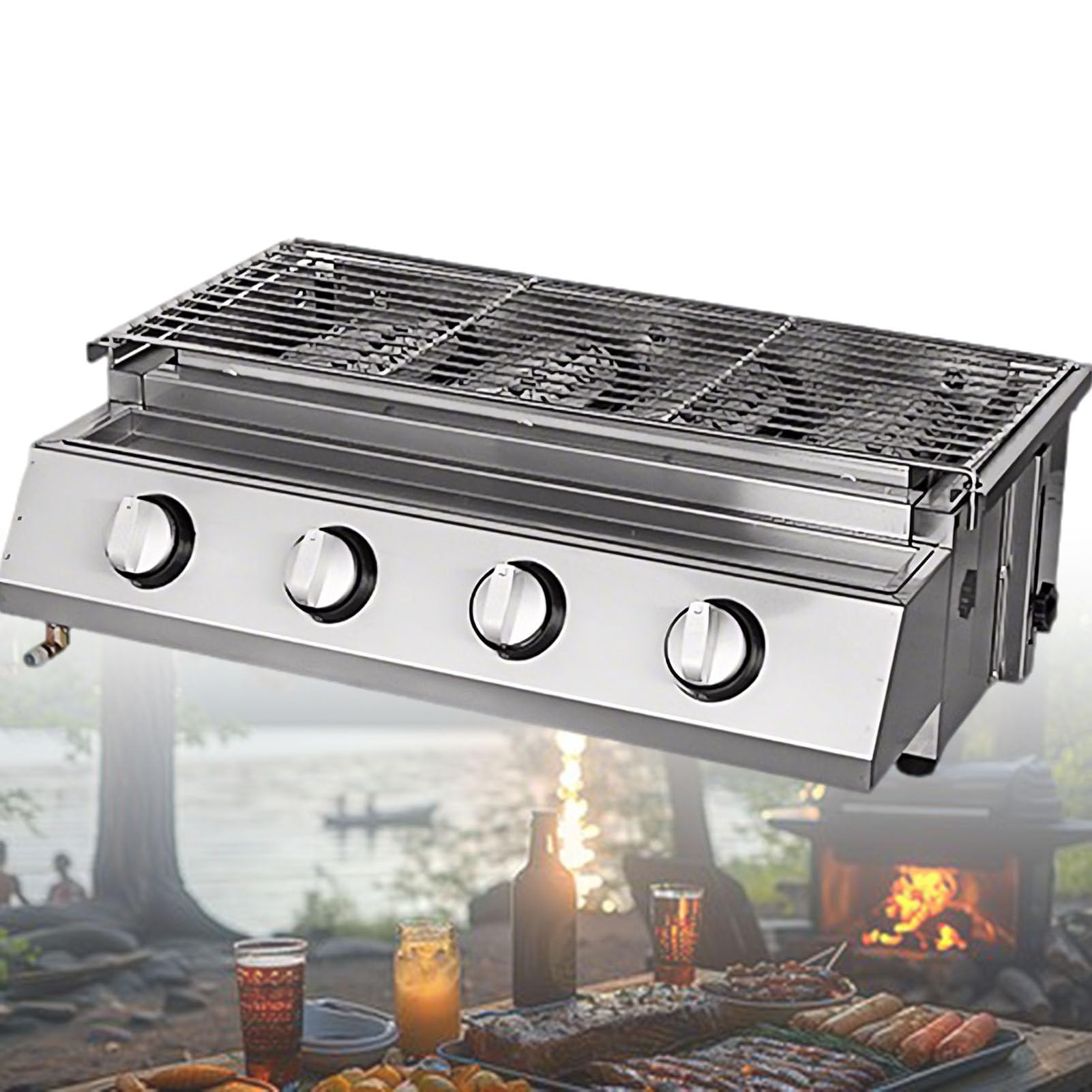 ExoticaBlend Tabletop Gas Grill, Commercial LPG Gas BBQ Grill, Professional Stainless Steel Barbecues Griddle, Independent Switches Gas Grill, for Outdoor Camping Picnicking 4-Burner