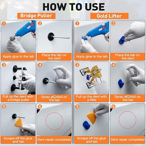 Miniatura 5 de Kit de extracción de abolladuras de automóvil, kit de eliminación de abolladuras sin pintura con extractor de puente ajustable y elevador dorado,