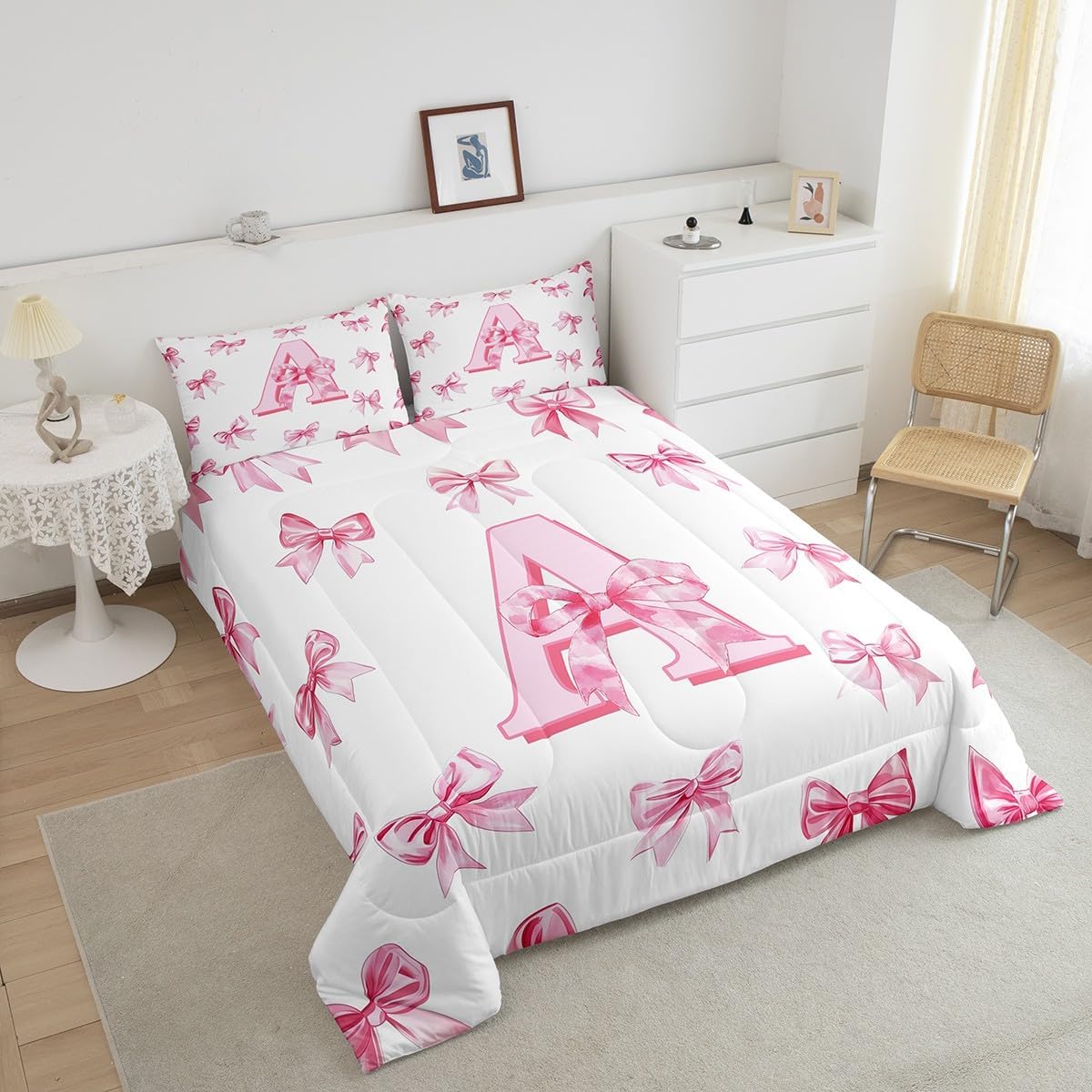 Erosebridal Initial Letter A Comforter Set Pink Bow Girls Twin Bedding Set Kawaii Girly Bowknot Bedding Comforter Sets Princess Style Romantic Bow Bed Set for Kids Teen Women - Image 4