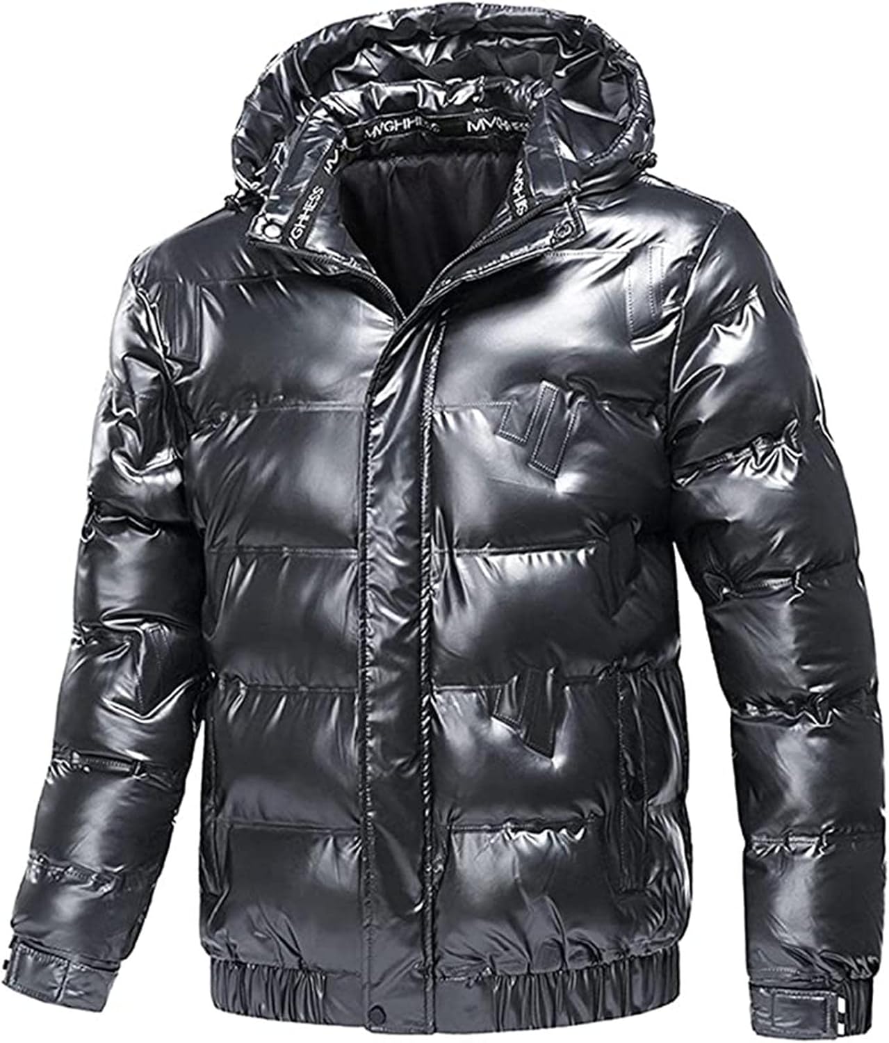Men's Winter Warm Puffer Jacket with Hood,Shiny Hooded Reflective Padded Coat Plus Size Thicken Parka Ski Coat