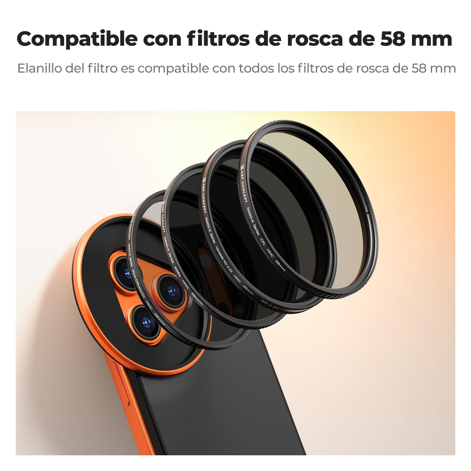 K&F CONCEPT Adaptador Magnético Doble Cara con Filtro ND2-32 Variable 58 mm | Compatible Con iPhone 17 Pro, Para Filtros Roscados 58 mm, Adaptable A Lentes De iPhone -FA101