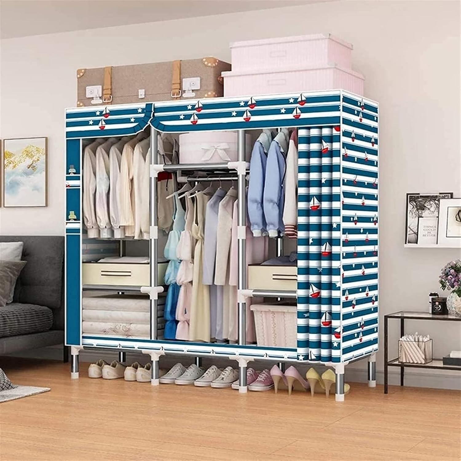 Portable Wardrobe Cloth Wardrobe Wardrobe Bedroom Bedroom Simple Fabric Steel Tube Bold Reinforced Thickened Household Double Full Steel Frame,E Portable Cloth Hanger