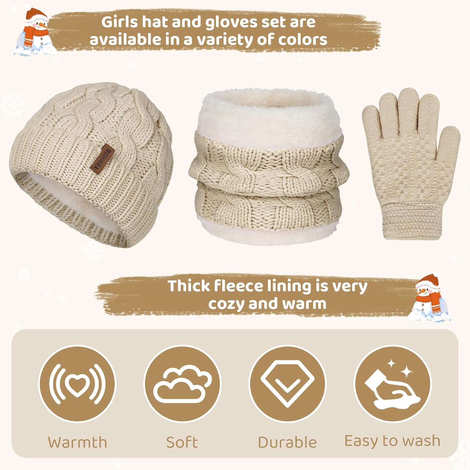 YSense 3 Pcs Kids Winter Beanie Hat Scarf Gloves Set Thick Knit Warm Fleece Fuzzy Lined Beanie Caps Mittens for Boys Girls - Image 4