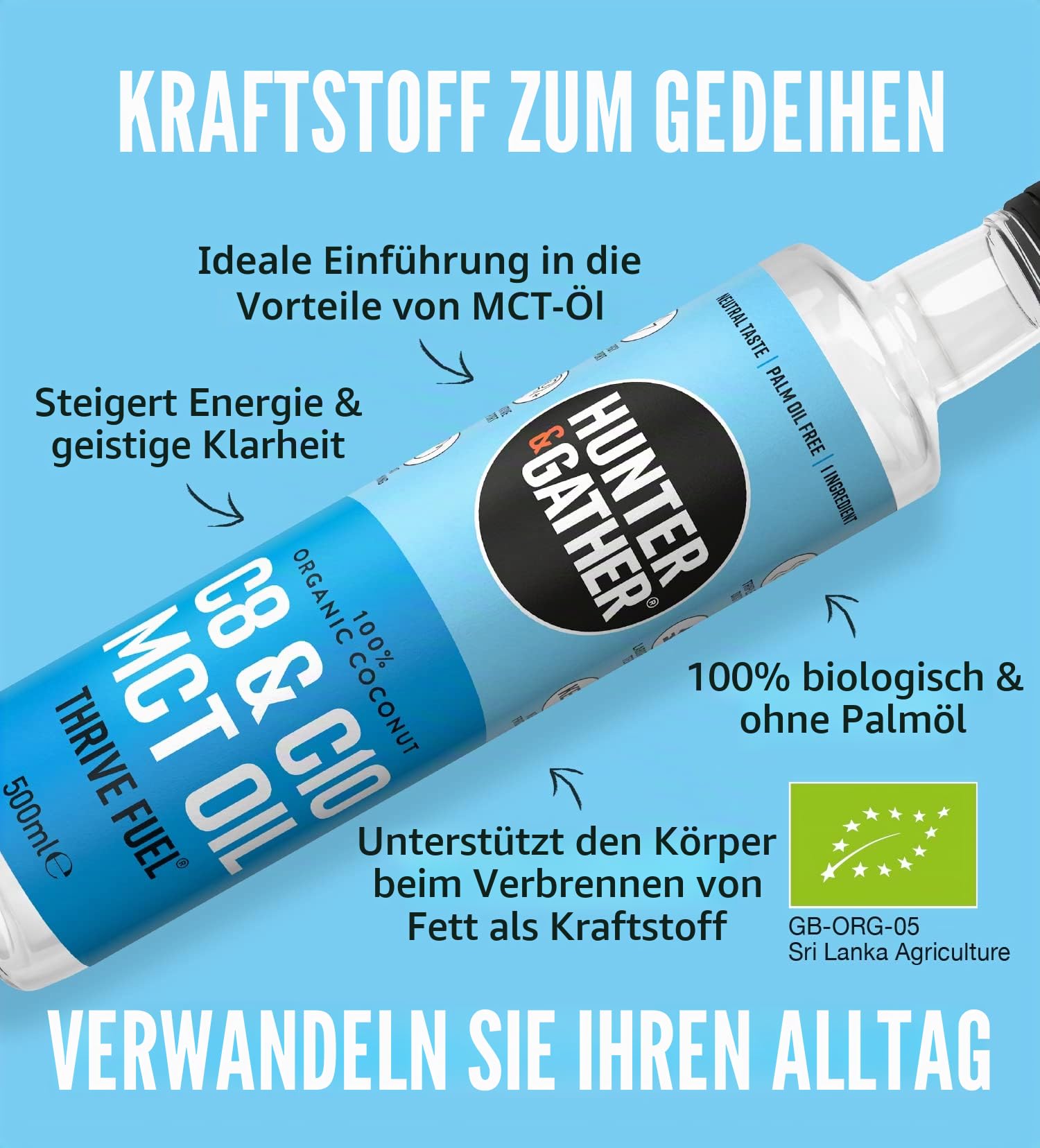 Hunter & Gather Premium C8 & C10 MCT Öl (500 ml) | unterstützt Keto & (IF) Fasten, verwendet in kugelsicherem und fettigem Kaffee, ohne Samen und pflanzlichem Öl, Glycerin