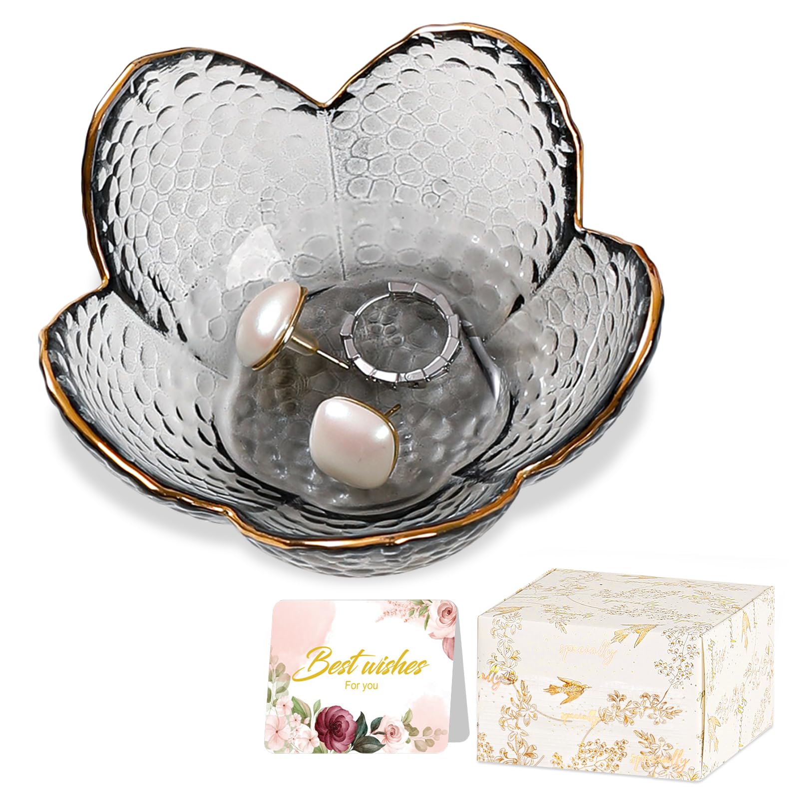 Grey Flower Jewelry Dish Glass Ring Dish Jewelry Tray Cute Vanity Organizer Room Decor Aesthetic Nightstand Bathroom Decor Trinket Dish Ring Holder Dish House Warming Gifts Stocking Stuffers for Women