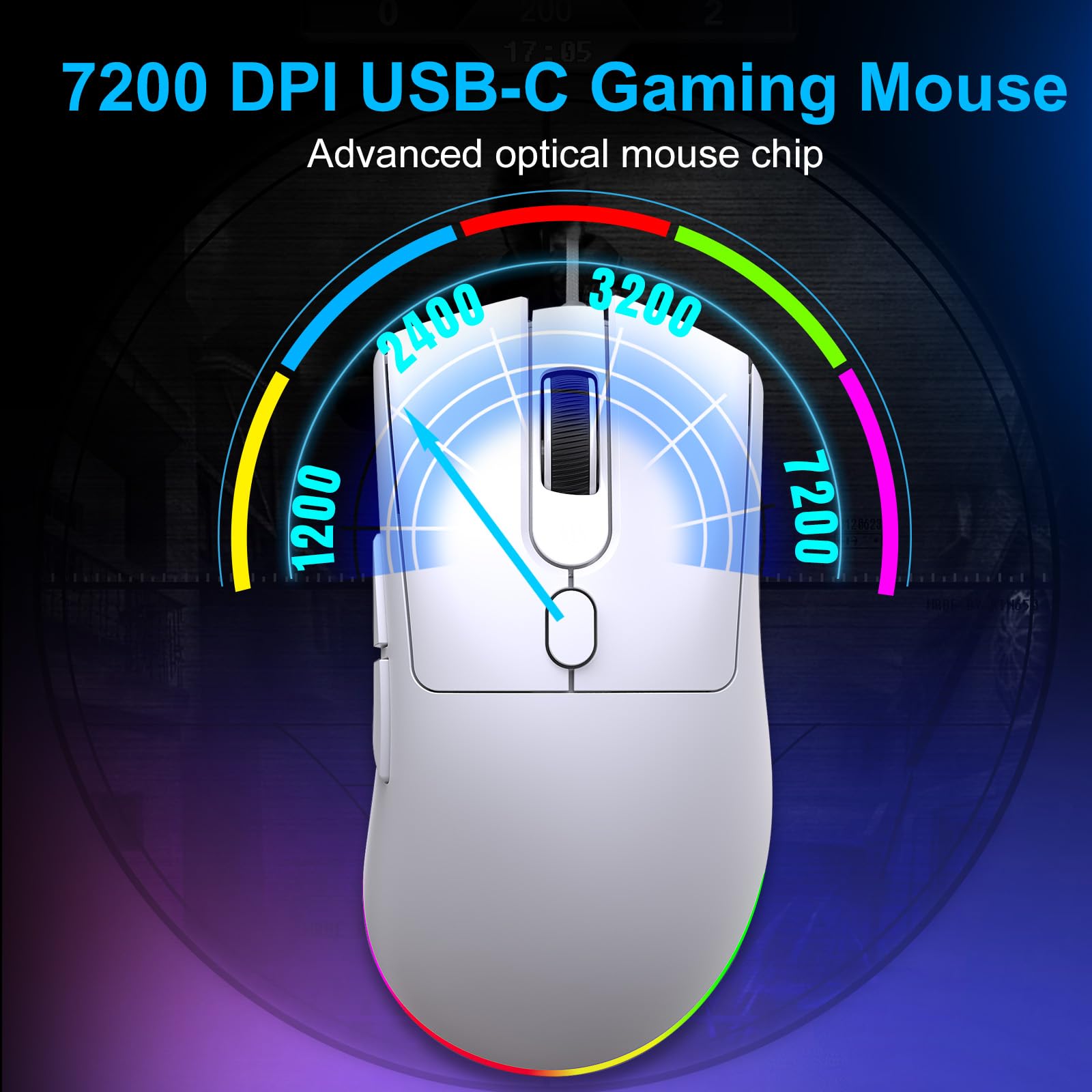 HXMJ Przewodowa mysz do gier USB C, 7200 DPI, ergonomiczna mysz z podświetleniem RGB do Apple MacBook, komputera lub laptopów z portem typu C, biała