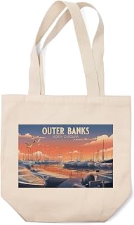 Lantern Press Outer Banks, North Carolina, Lithograph, Home Sweet Harbor, Boats in Marina (100% Cotton Canvas Reusable Tote Bag)