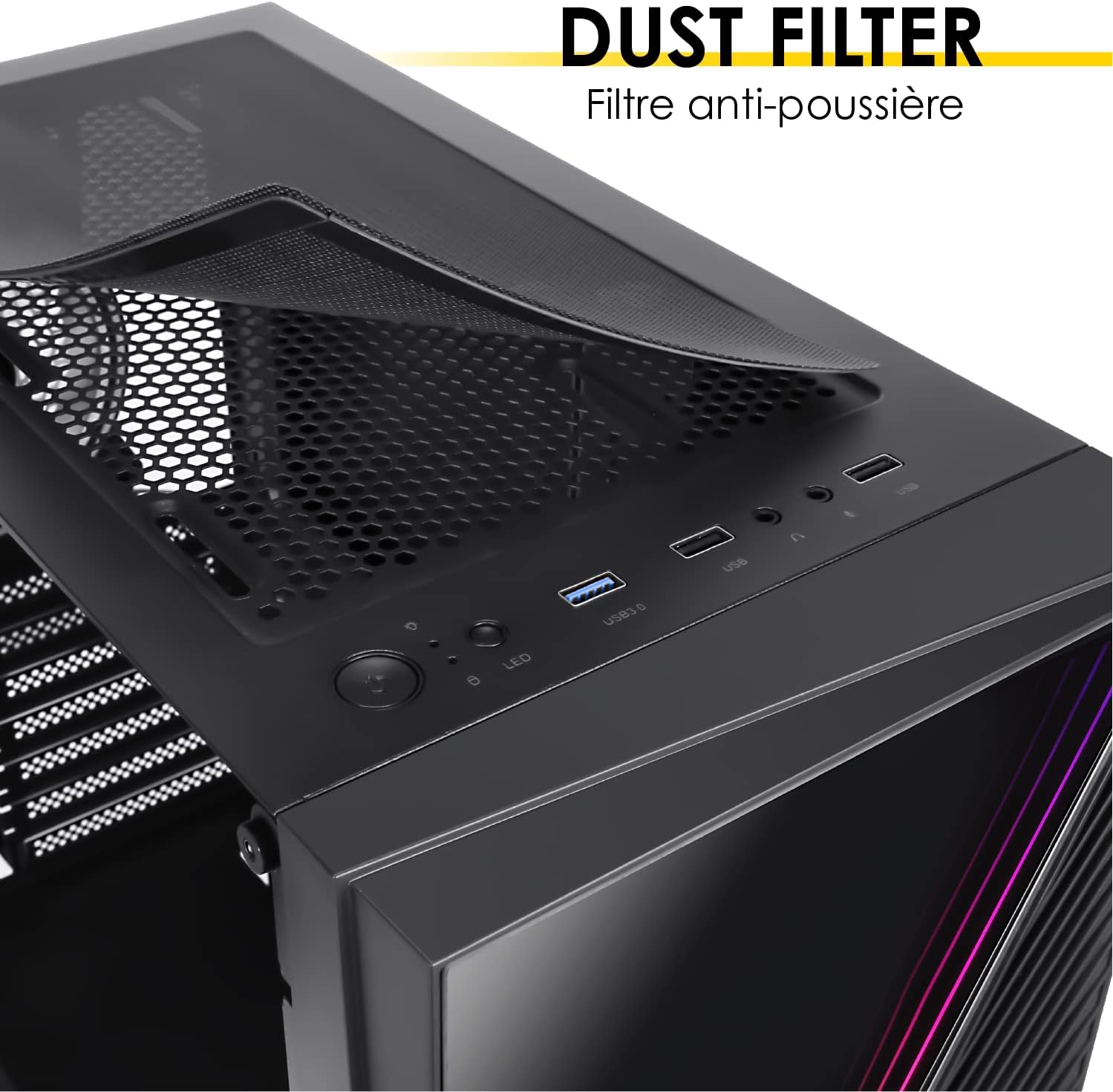 Image showing the removable magnetic dust filter on the top panel of the PC case.