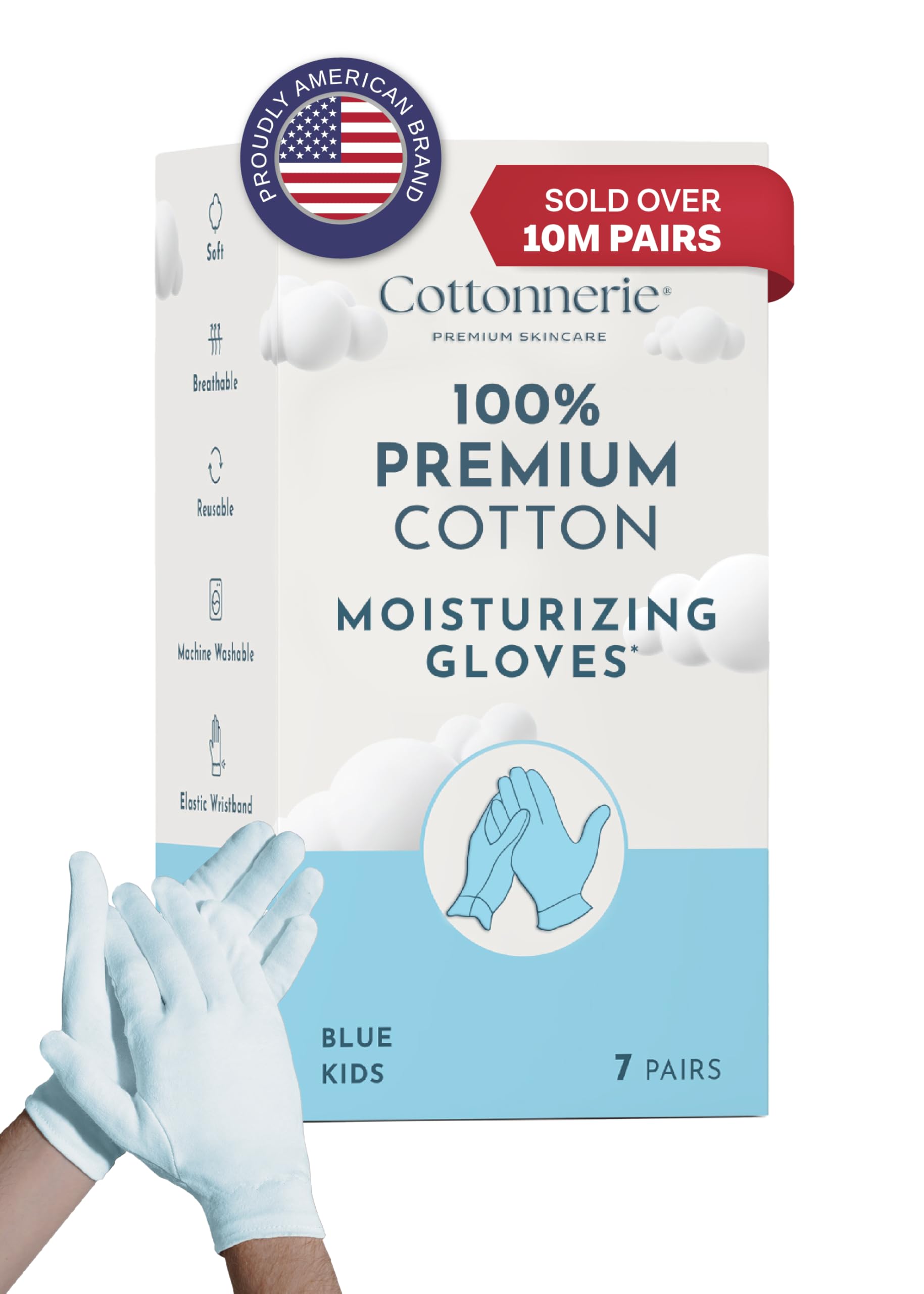 Cottonnerie Kid-Size 100% Premium Cotton Moisturizing Gloves for Dry Hands & Eczema | Overnight Lotion, Sleep & Spa Treatment for Kids | Reusable, Washable -Free Washing Bag (Blue- Kid Size -7 Pairs)
