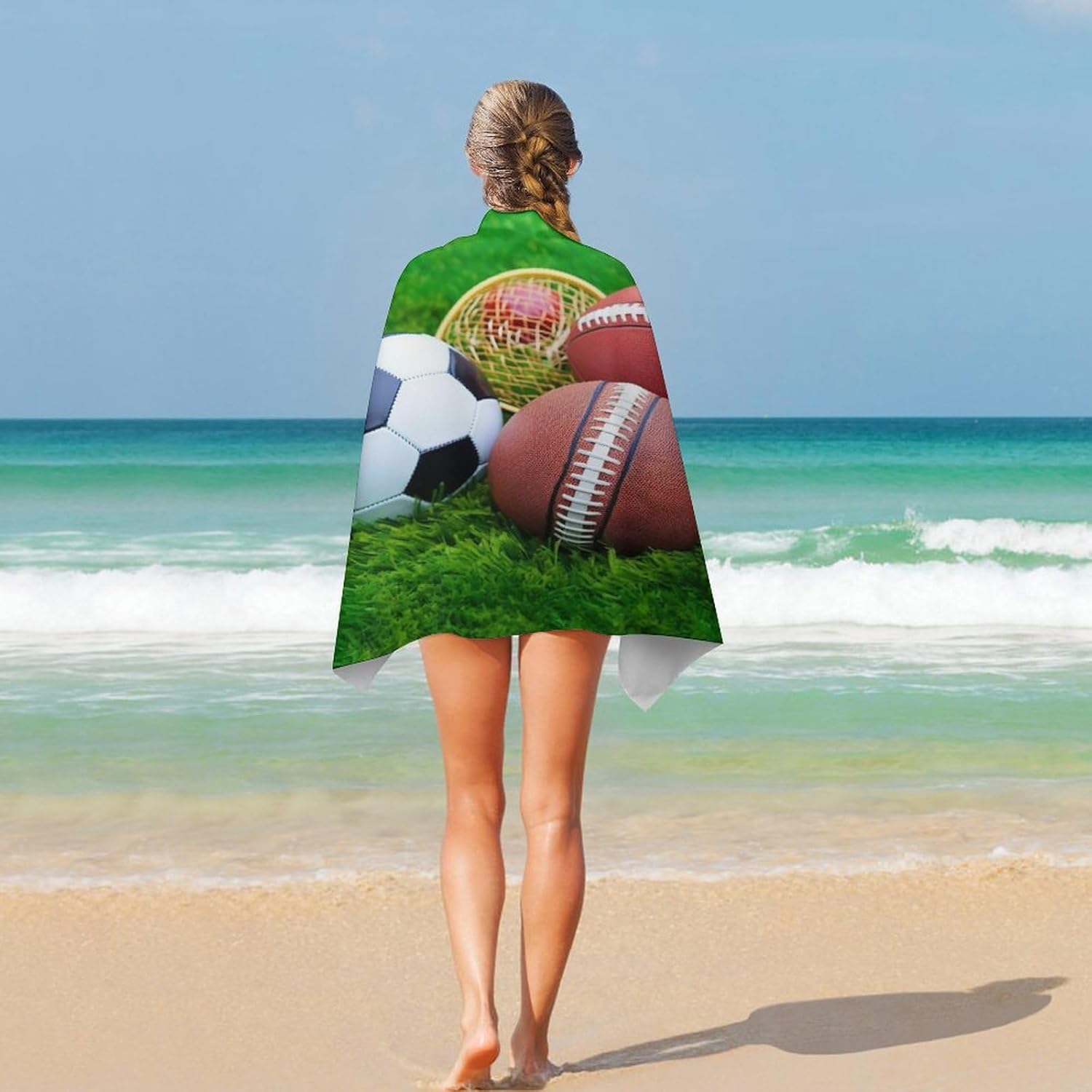 Swimming Towel, Sports Balls on Grass Printed Fashion Towel,Portable Towel,Durable Towel