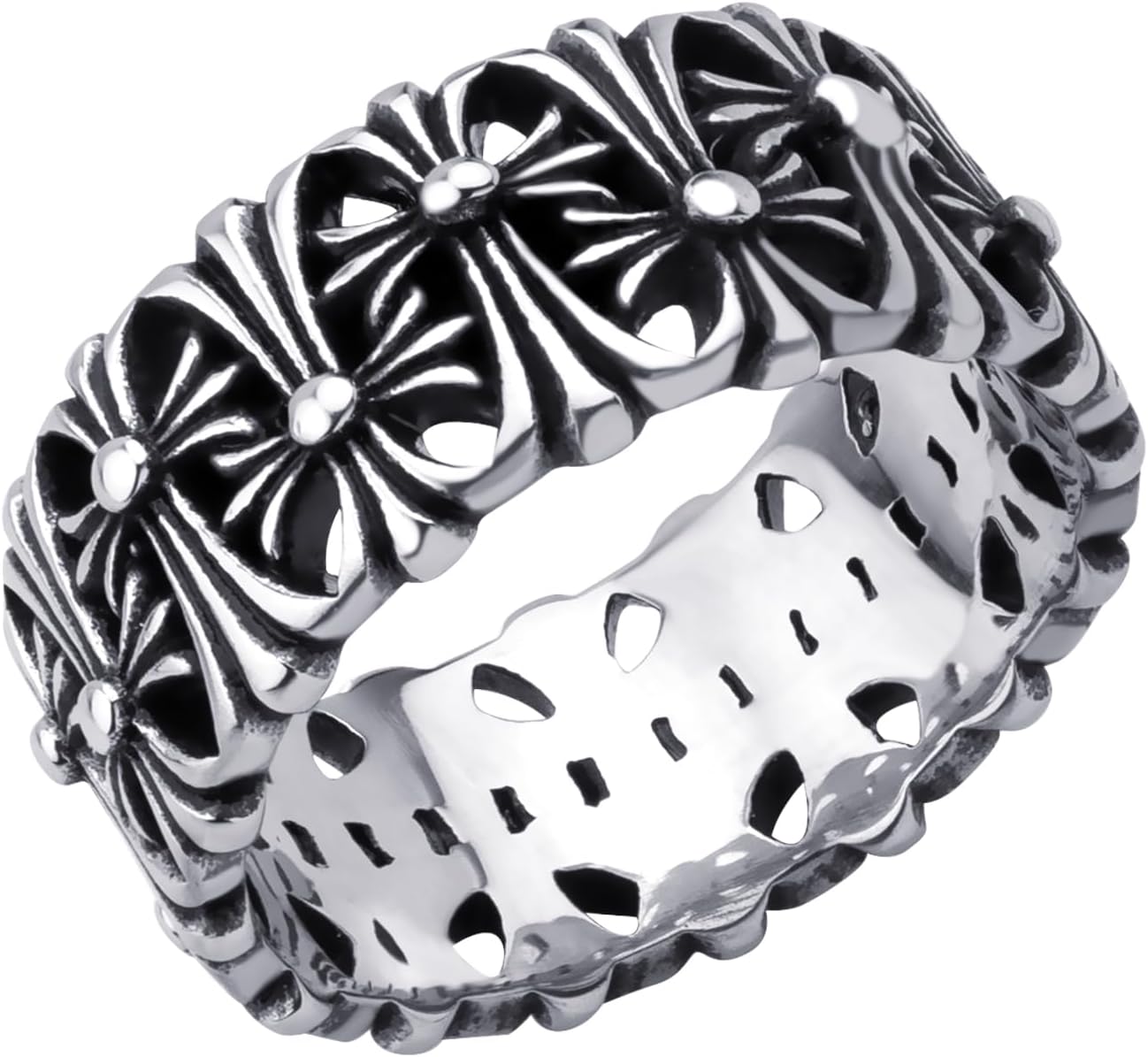 555Jewelry Stainless Steel Rings Men 10MM Cross Rings for Men Chrome Hearts Ring Wedding Band Vintage Retro Gothic Biker Christian Rings for Men US Size 7-13