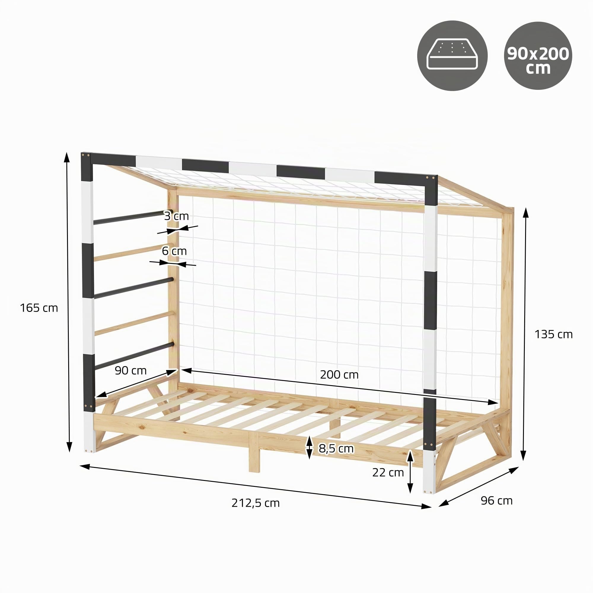 ML-Design Letto Bambini 90x200 cm in Pino Naturale, Struttura a Forma di Porta da Calcio Pallamano Bianco Nero, Rete a Doghe e Scala, Letto Singolo Sportivo, Lettino Basso per Cameretta