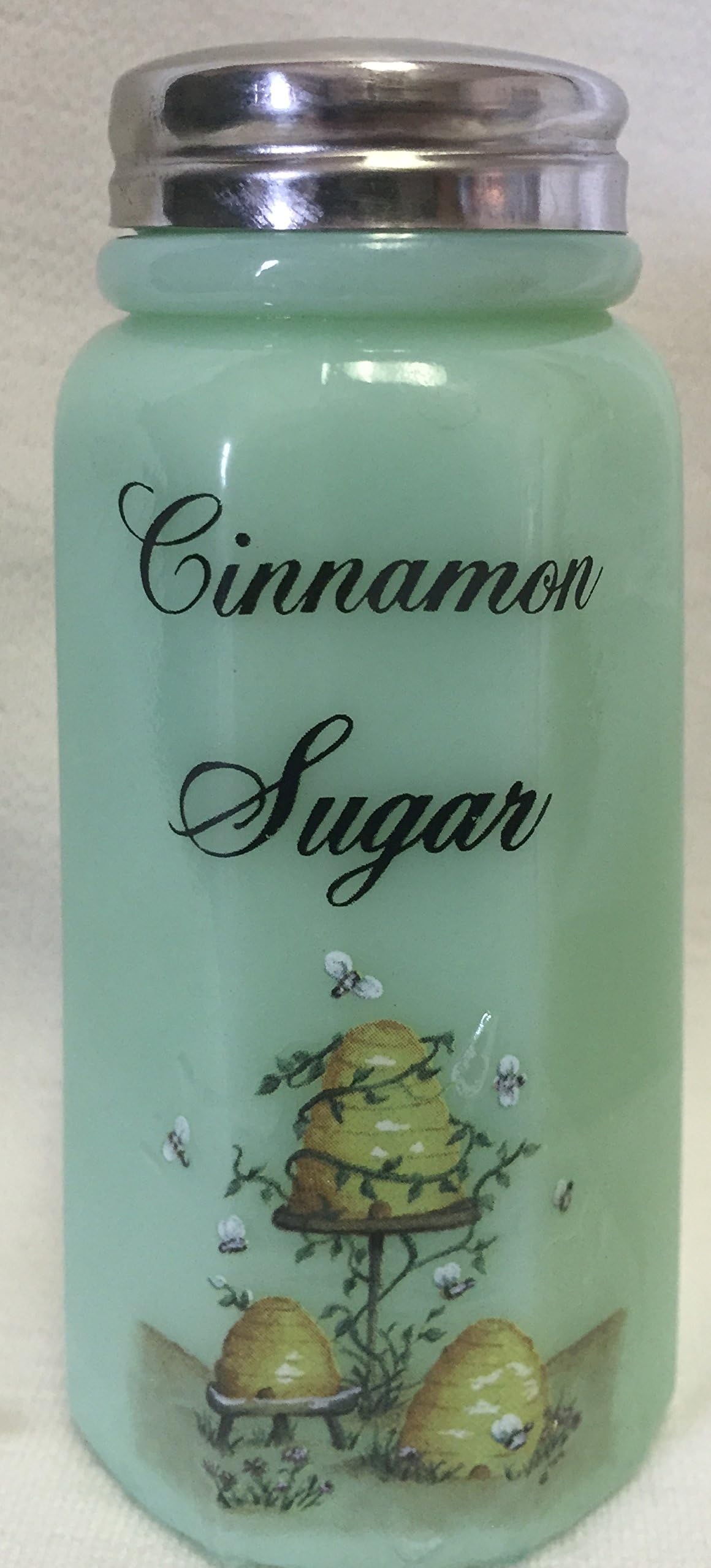 Sugar Shaker - Paneled - Rosso Exclusive - Jadeite w/Flowers - American Made - Mosser Glass USA (Bee Hive w/Cinnamon Sugar)