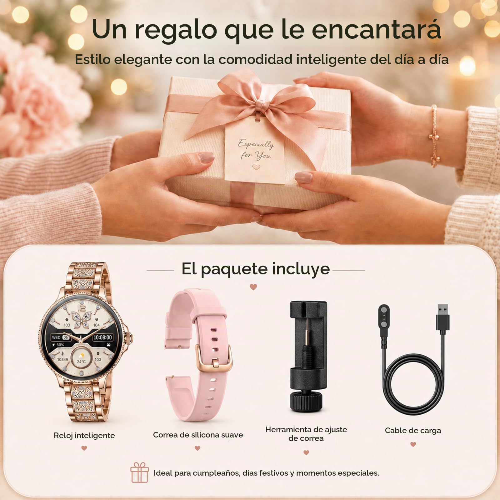 Reloj Inteligente Mujer 1,27" Smartwatch Redondo con Llamadas Bluetooth, Frecuencia Cardíaca SpO2 Sueño, 120+ Modos Deportivos, IP68 Resistente al Agua, 2 Correas, Compatible con Android iOS, Oro Rosa