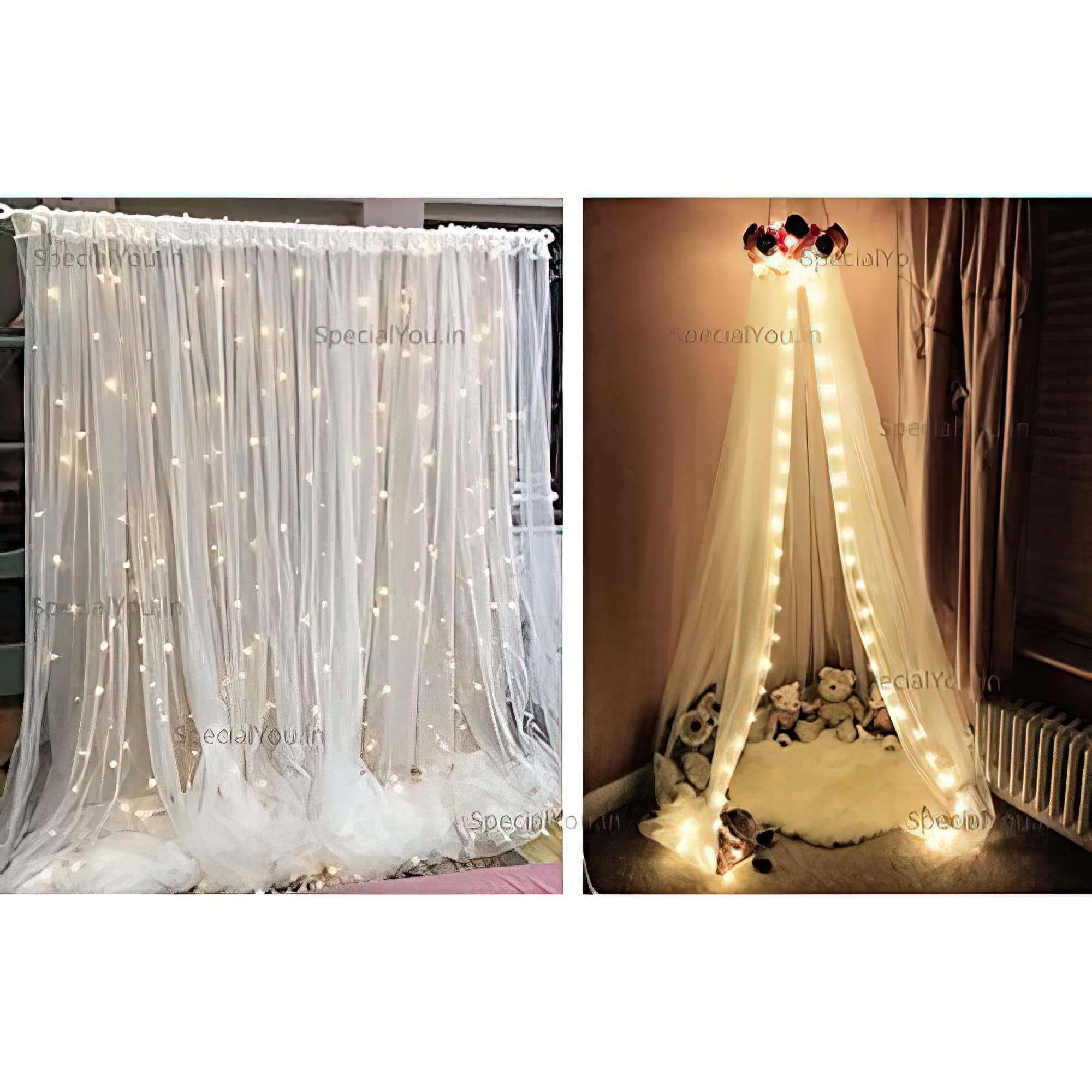 The Gamers Zen 7 Pcs Canopy Tent Decoration Kit - White Net Curtains & Fairy LED Light - Birthday, Anniversary, Diwali & Pooja Room Decor